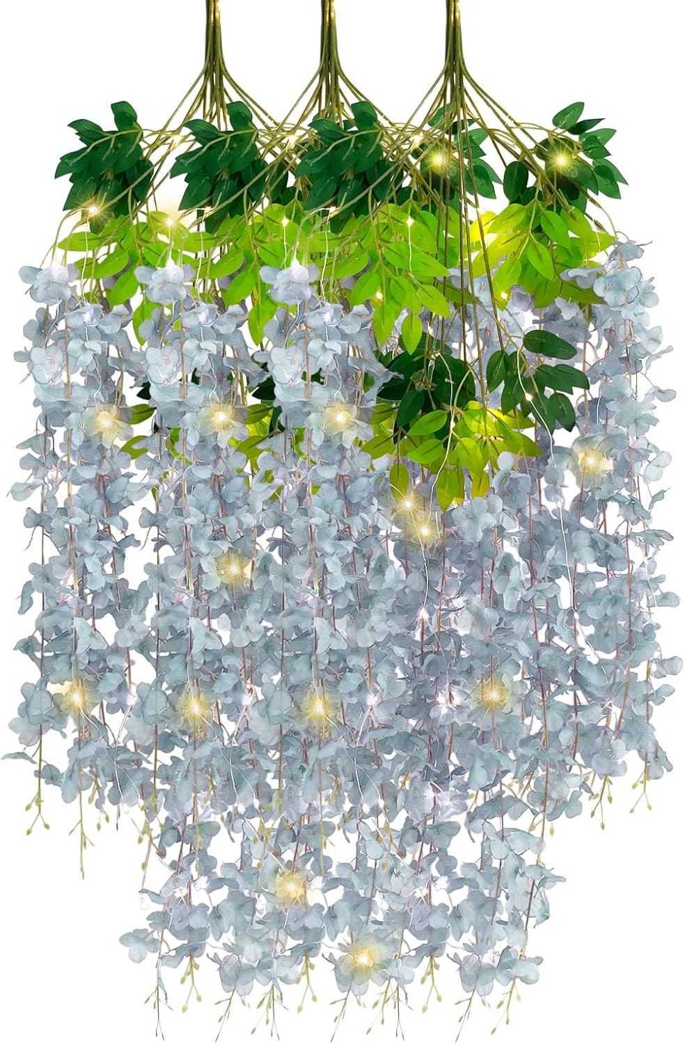 12 Pack Grey Wisteria Hanging Flowers Garland with Lights, 3.44 Feet Artificial Flower Vines, Fake Wisteria, Artificial Vines Hanging Garland for Backdrop Outdoor Patio Garden Decor