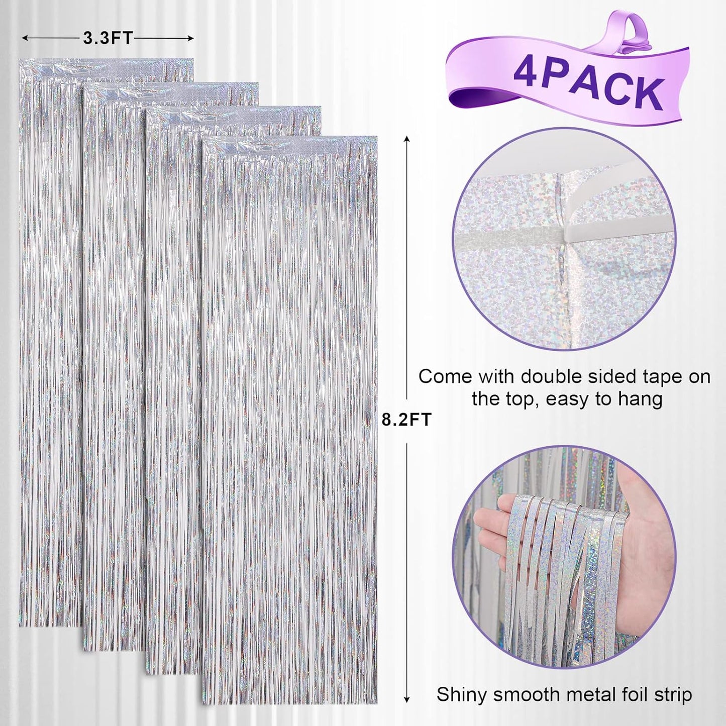 4 Pack Laser Silver Foil Fringe Backdrop Curtains, Tinsel Streamers Birthday Party Decorations, Fringe Backdrop for Graduation, Baby Shower, Gender Reveal, Disco Party