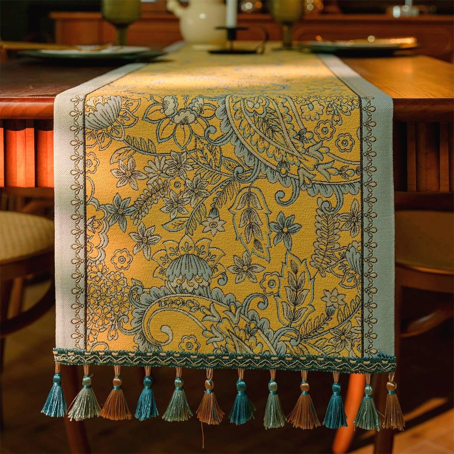 13×72 Inch Table Runner, Retro-Luxury Tassels Series for Kitchen Dining Table Holiday Decoration (Yellow Pheonix)