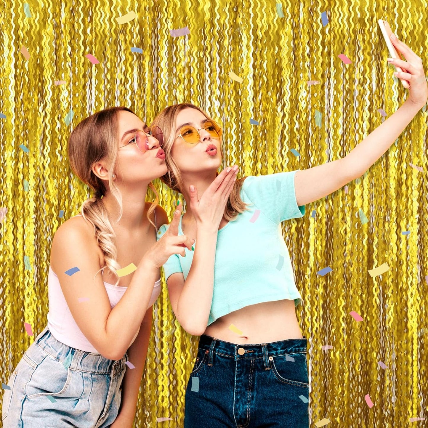 4 Pack Gold Wave Foil Fringe Curtain Backdrop, 3.28Ft x 8.2Ft Metallic Tinsel Foil Fringe Streamer Curtains for Photo Booth, Mother's Day, Easter, Birthday, Wedding Party Decoration