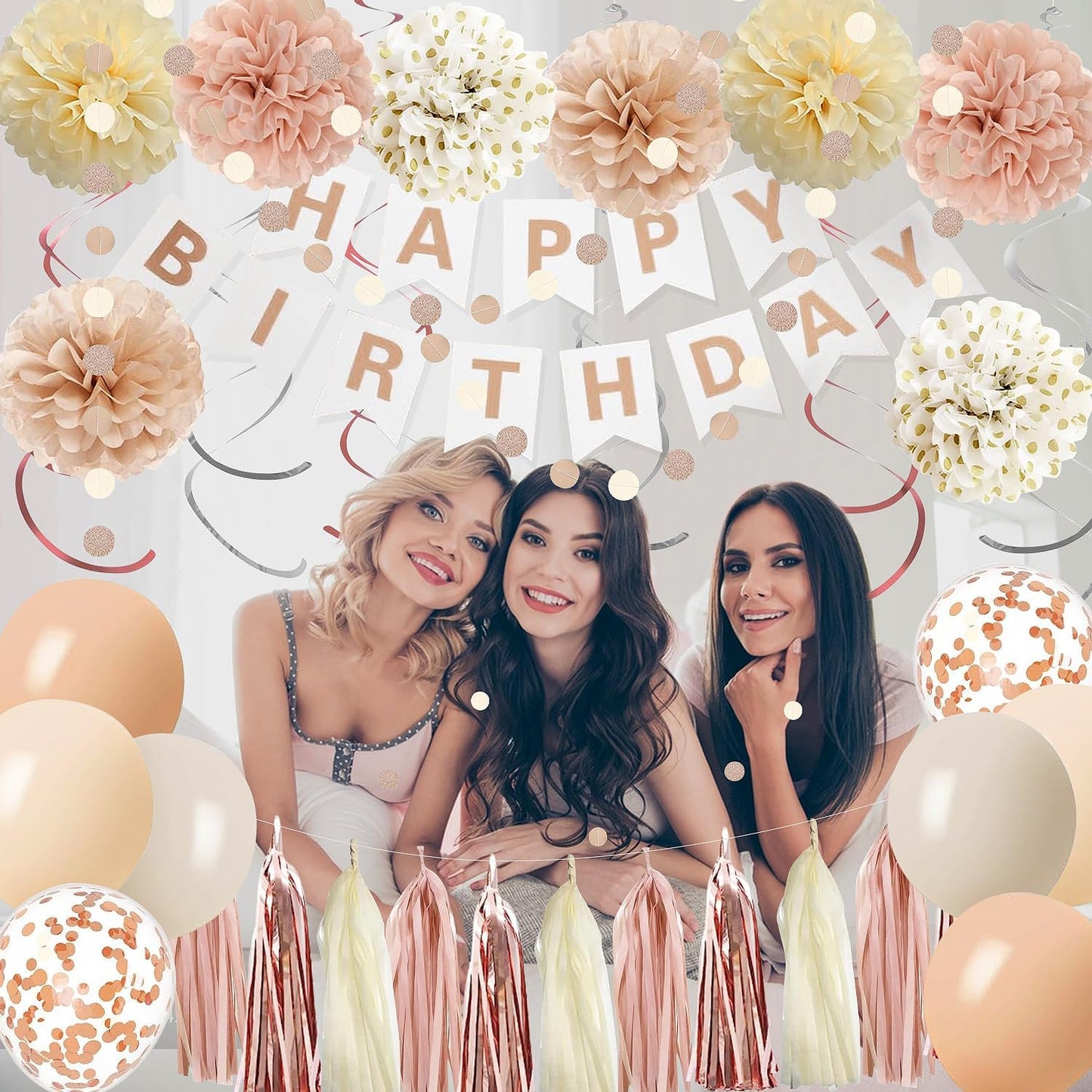 Rose Gold Birthday Party Decorations Kits with Happy Banner,Cake Topper,Hanging Swirls,Tissue Paper Pompoms,Paper Tassels Garland,Confetti Balloons for Women Girls Birthday Party