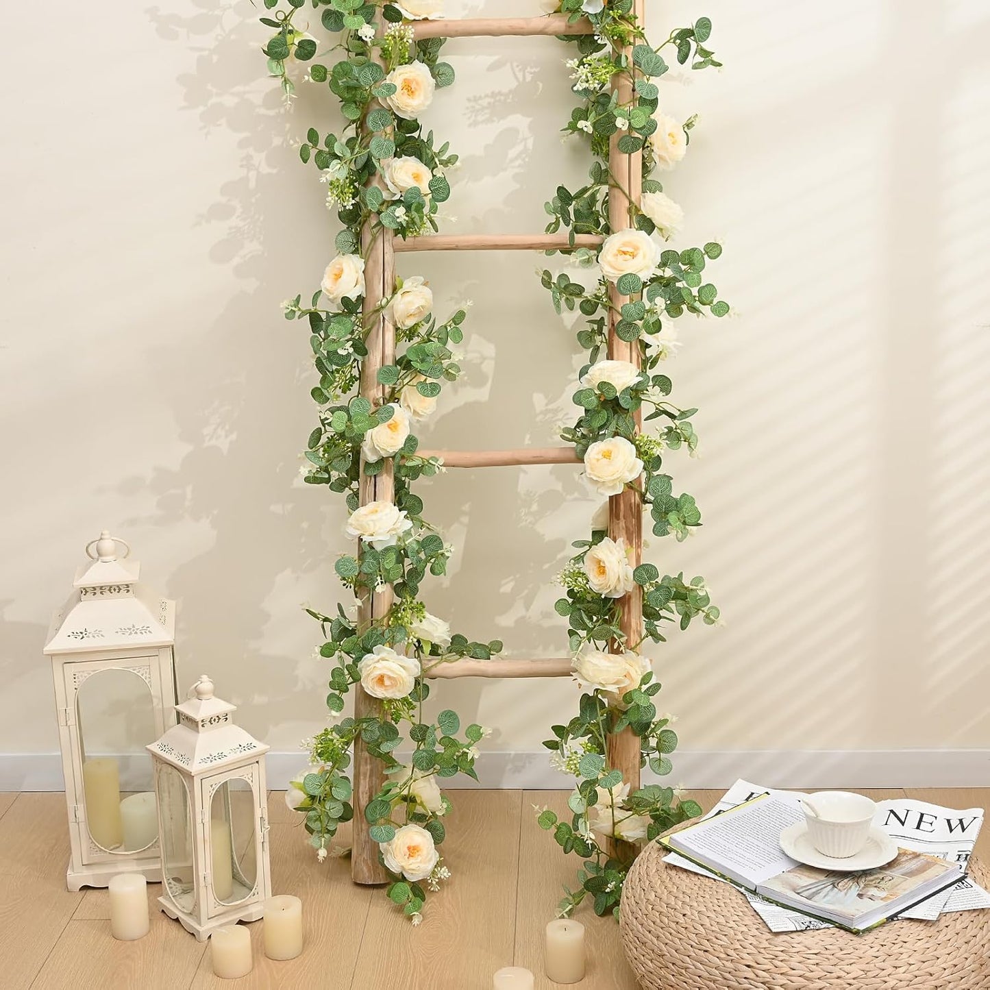 Dolicer 2Pcs 13Ft Artificial Eucalyptus Garlands with Flowers, Faux Floral Greenery Garlands Fake Flowers Vines for Wedding Centerpieces Arch Party Ceremony Backdrop Decor (Champagne)