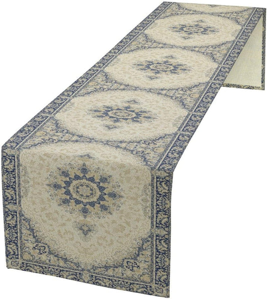 Boho Bohemia Style Table Runner, Vintage Blue Gold Retro Flower Rustic Country Style Floral Print Pattern for Home Kitchen Table Decor Dining Coffee Room Garden Party Decor 13x60in