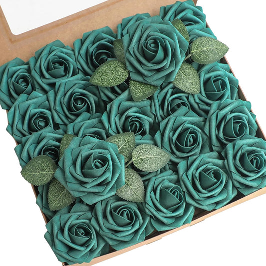 Floroom Artificial Flowers 25pcs Real Looking Dark Teal Foam Fake Roses with Stems for DIY Wedding Bouquets Bridal Shower Centerpieces Floral Arrangements Party Tables Home Decorations