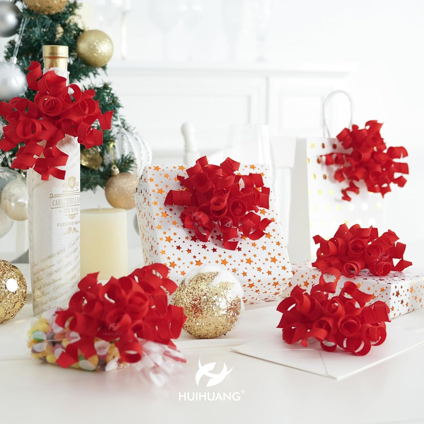 HUIHUANG Red Bows for Gift Wrapping, Red Curly Ribbon Bows Self Adhesive Burst Gift Bow for Christmas Presents, Wine Bottle, Treat Bags, Valentine's Day, Wedding Party Favor - 6 Counts