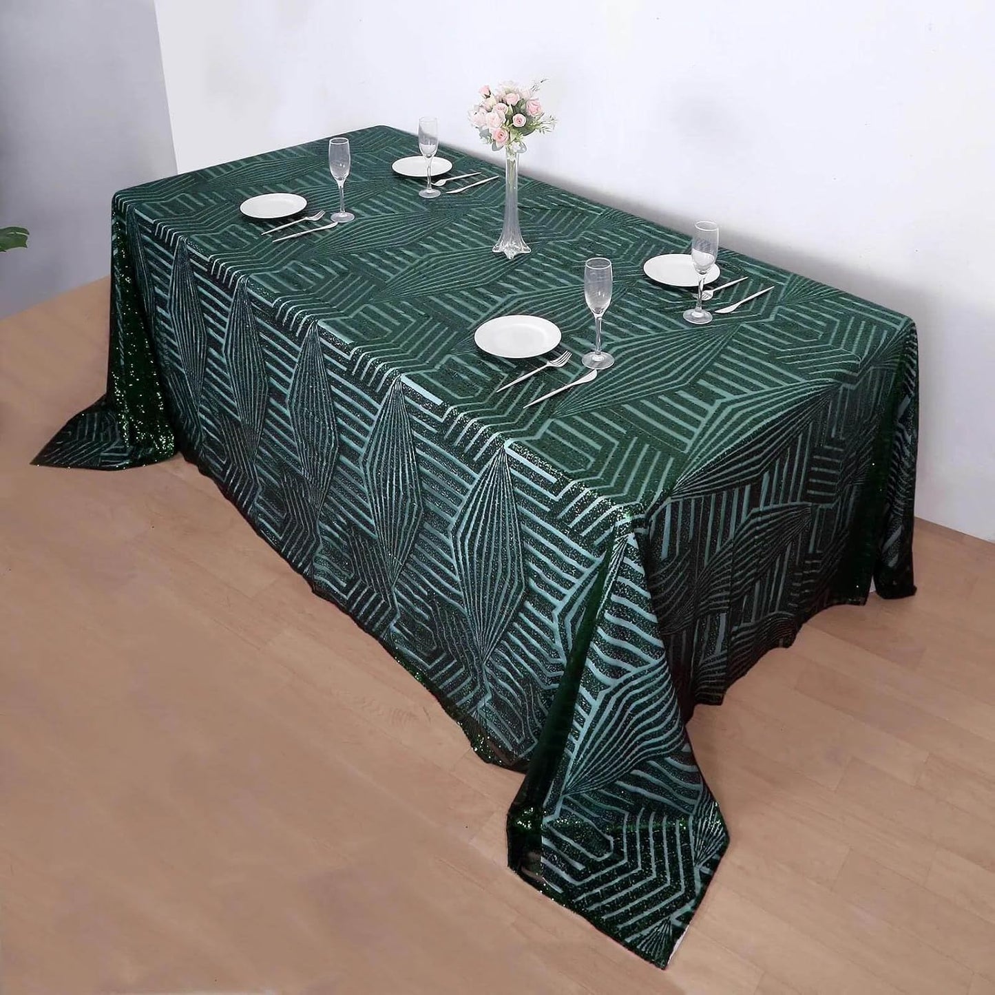 Efavormart 90"X132" Hunter Emerald Green Sparkly Sequin Geometric Tulle Rectangular Tablecloth