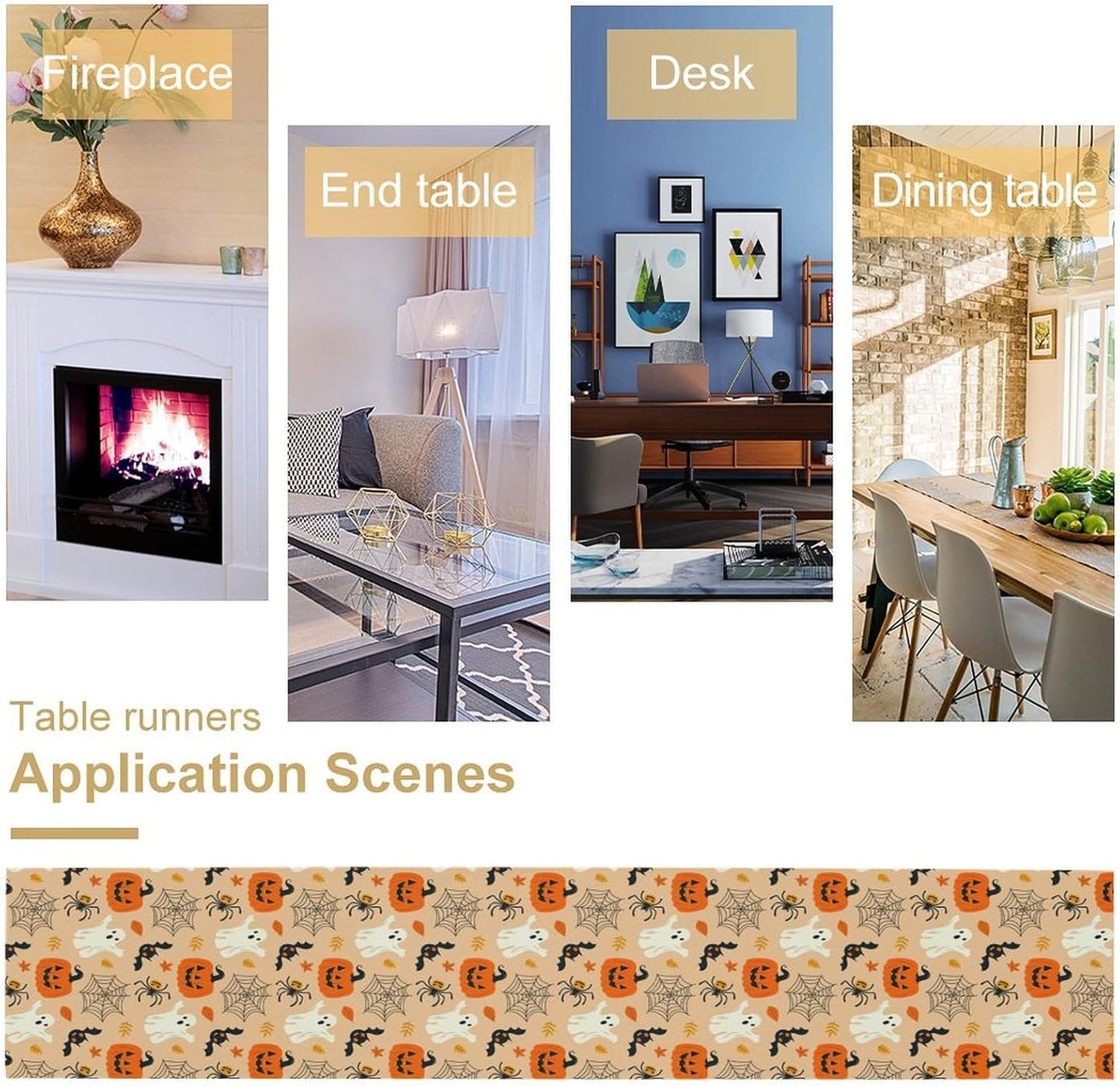 Halloween Table Runner,Cute Ghost Pumpkin Leaves Table Runner for Kitchen Dining Table Decoration Home Party Decor 13x90 Inch