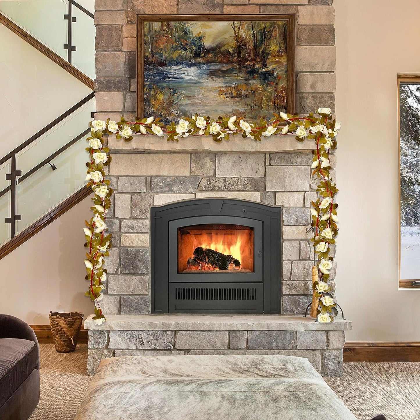 16Pcs 126Ft Cream Rose Garland, Fake Rose Hanging Flowers, Artificial Flower Vine, Hanging Floral Vine Garland for Wedding, Birthday Party, Wall Arch, Halloween, Christmas Garden Backdrop Decor