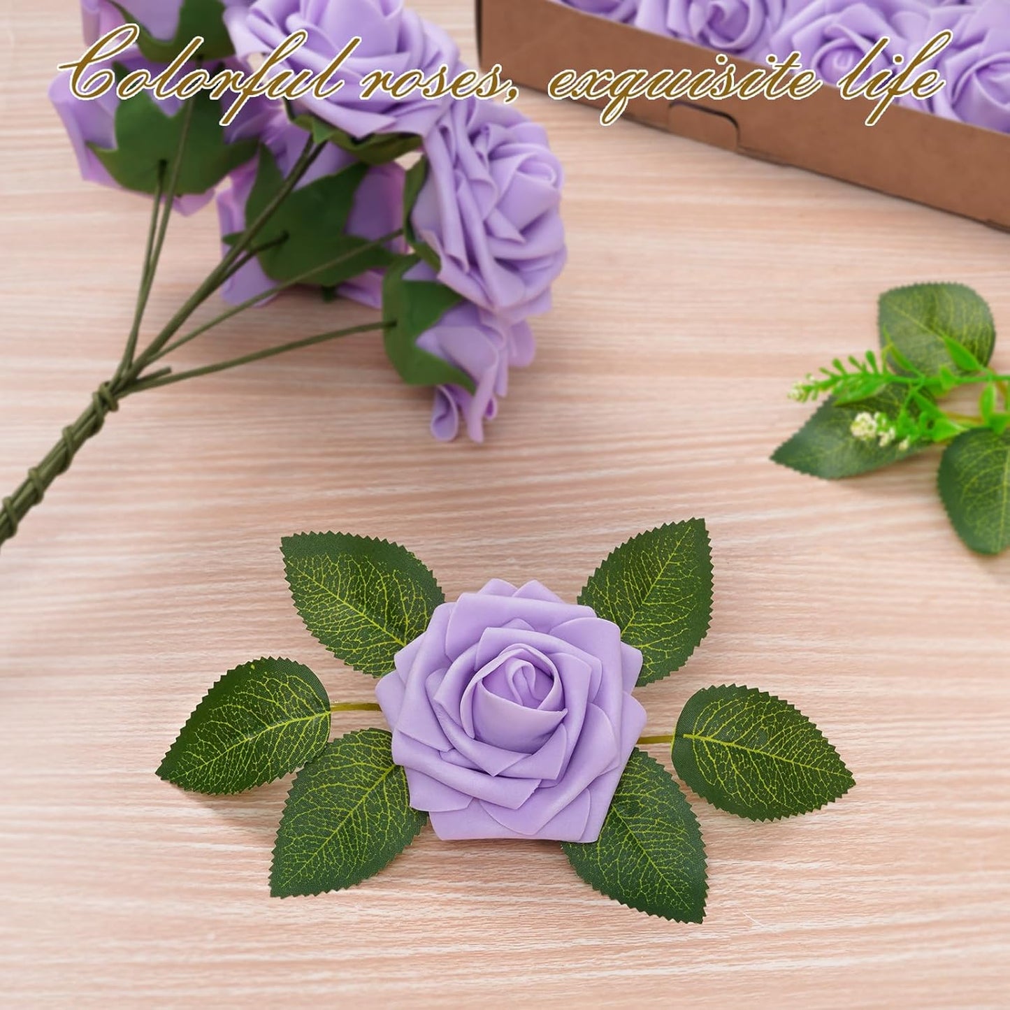 BLEUM CADE 36Pcs Artificial Flowers Fake Roses with Stems, Purple Boxed Foam Roses for DIY Bouquets Centerpieces Wedding Party Arrangement Bridal Shower Decor