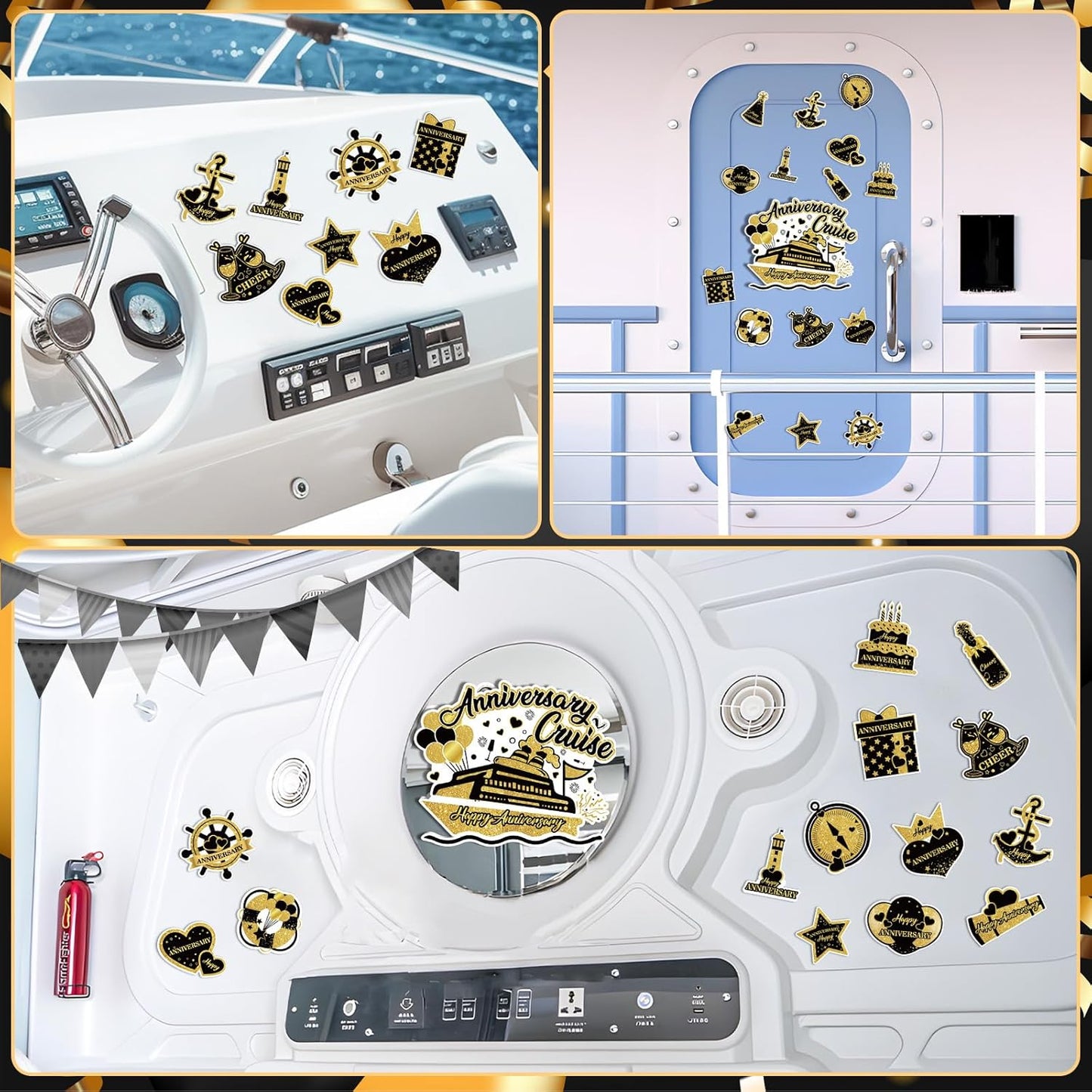 Happy Anniversary Cruise Door Magnets Decorations, Black Gold Happy Anniversary Cruise Ship Door Decor Magnetic for Married Men Women Wedding Party Fridge Refrigerator Car Kitchen Garage Personalized