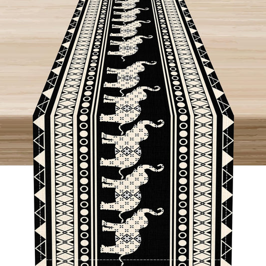Ethnic Table Runner, Rustic Farmhouse Boho Geometric Elephant Aztec Tribal Print Black Table Center Decor for Home Kitchen Dining Patio Holiday Party Indoor Outdoor Table Decorations, 13"x108" Inch