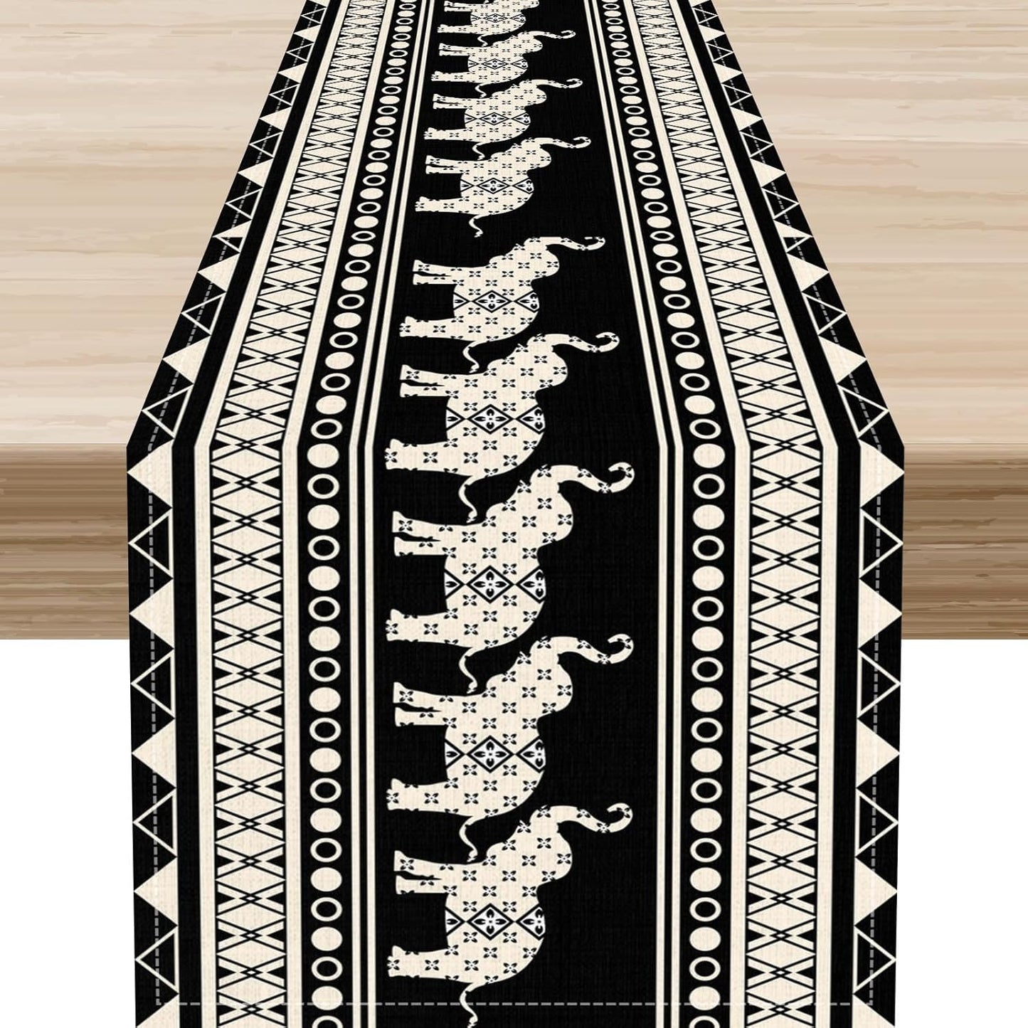 Ethnic Table Runner, Rustic Farmhouse Boho Geometric Elephant Aztec Tribal Print Black Table Center Decor for Home Kitchen Dining Patio Holiday Party Indoor Outdoor Table Decorations, 13"x90" Inch