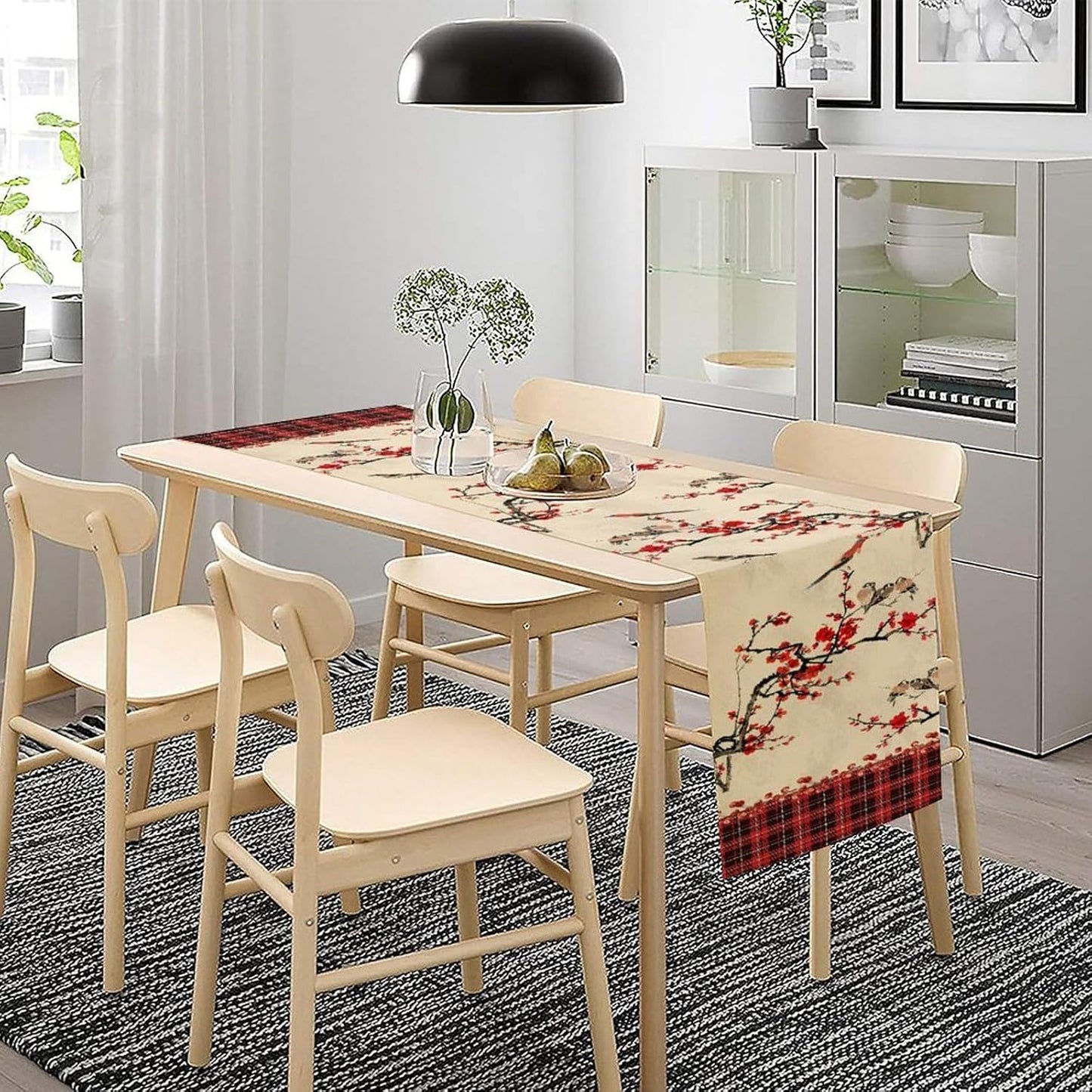 Bird Table Runner,Red Black Buffalo Plaid Blossom Seasonal Table Runner for Kitchen Dining Table Decoration Home Party Decor 13x108 Inch