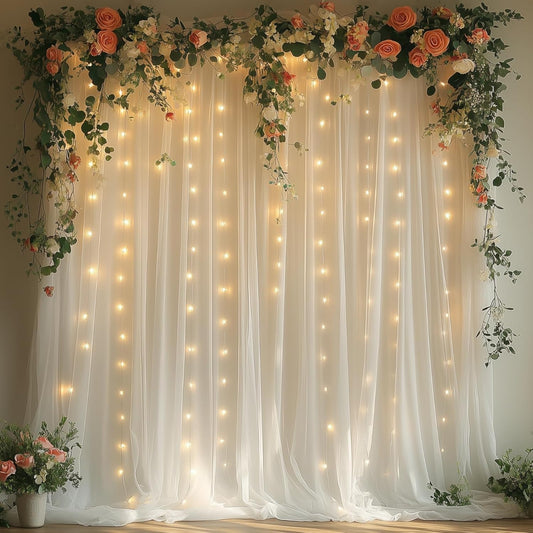 White Tulle Backdrop Curtain with Lights String - 10x10ft Sheer Backdrop with 300 LEDs for Wedding, Baby Shower, Bridal Shower, Birthday Party Photo Shoot Background and Home Decorations