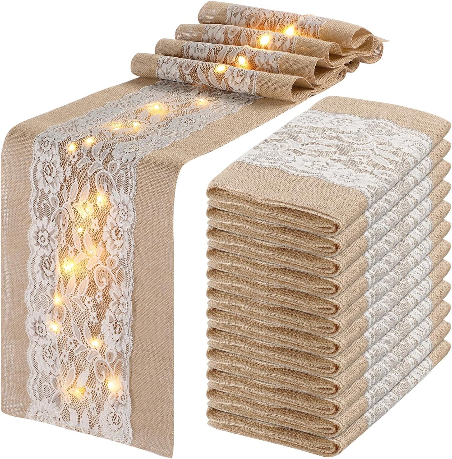 Tudomro 12 Pcs Burlap Table Runner with LED String Lights 12 x 108 Inches Rustic Jute Lace Table Runners Farmhouse Jute Linen Decoration Wedding Decor for Holiday Party Wedding Decorations