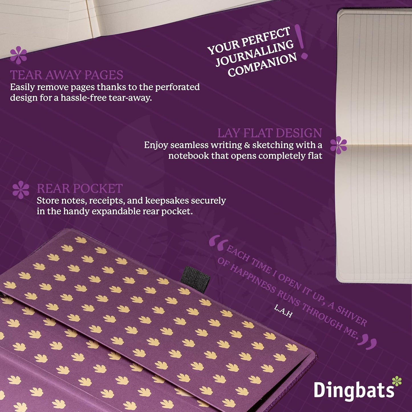 Dingbats* Wildlife Dotted Journal Notebook A5 - Vegan Leather Hard Cover, Ideal for Work, Travel - Pocket, Elastic