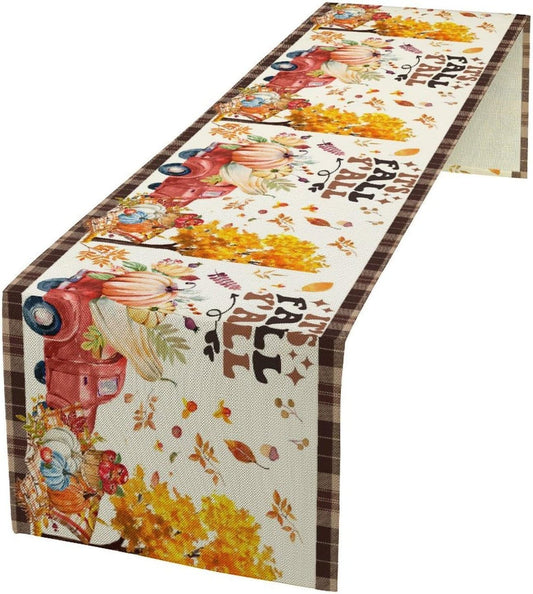 Fall Pumpkin Table Runner,Rustic Maple Yellow Leaf Trees Truncks Brown Plaid Tablecloth Burlap for Hotel Indoors Outdoor Dining Room Kitchen Home Decor,W13X L90 in