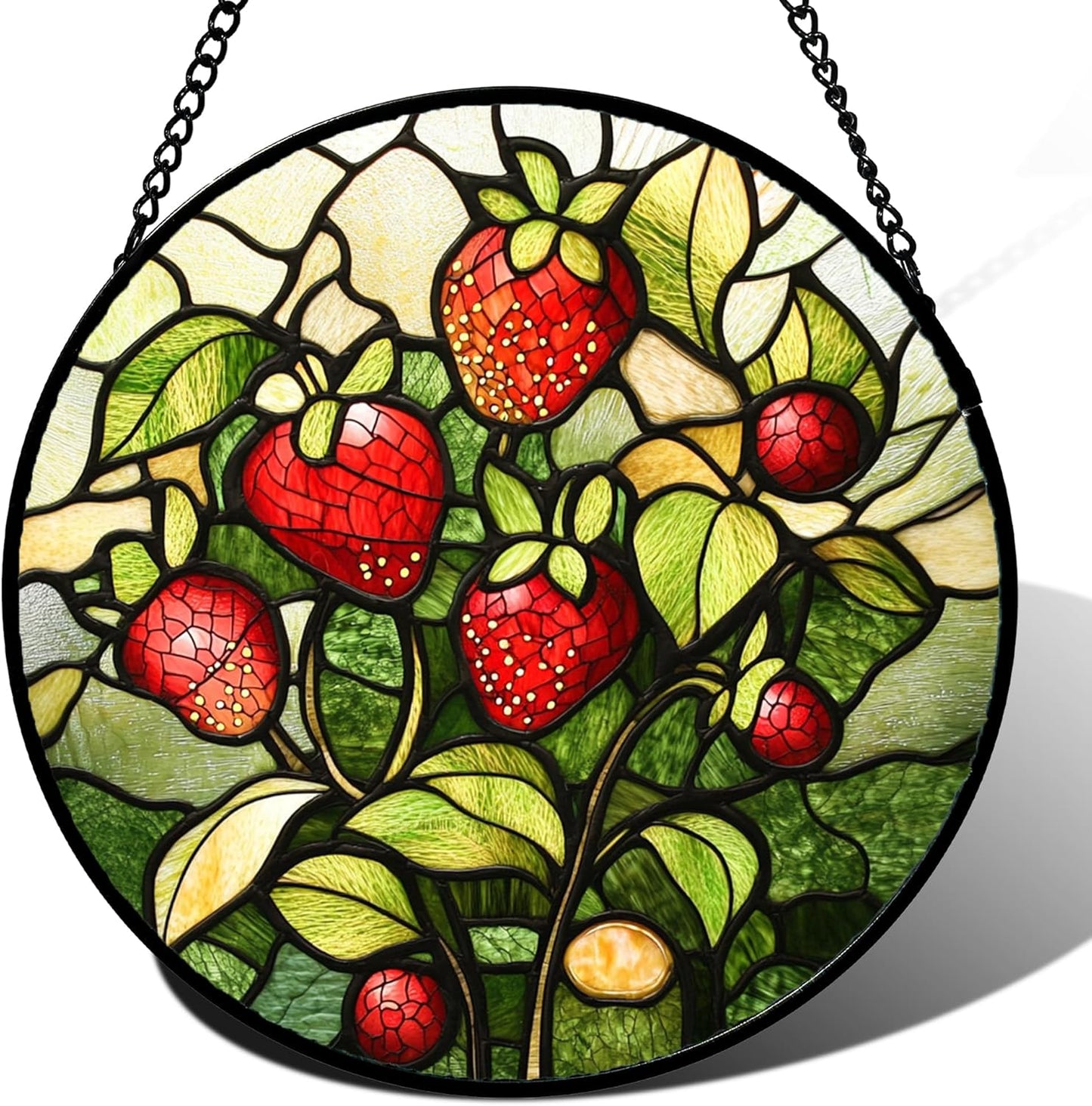 Stained Glass Window Hanging - Red Strawberry Suncatcher for Doors Window Home Green Plant Sun Catchers Decor Christmas Mother's Day Birthday Gifts for Teacher Women Men Mom Nana 9.8 in