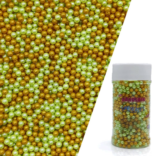 Edible Light Green & Gold Pearl Sugar Sprinkles Candy 4mm Mini Pearls Cake Decorations Cupcake Toppers Cookie Decorating Perfect for Wedding Party Valentine Halloween Christmas Supplies 3OZ