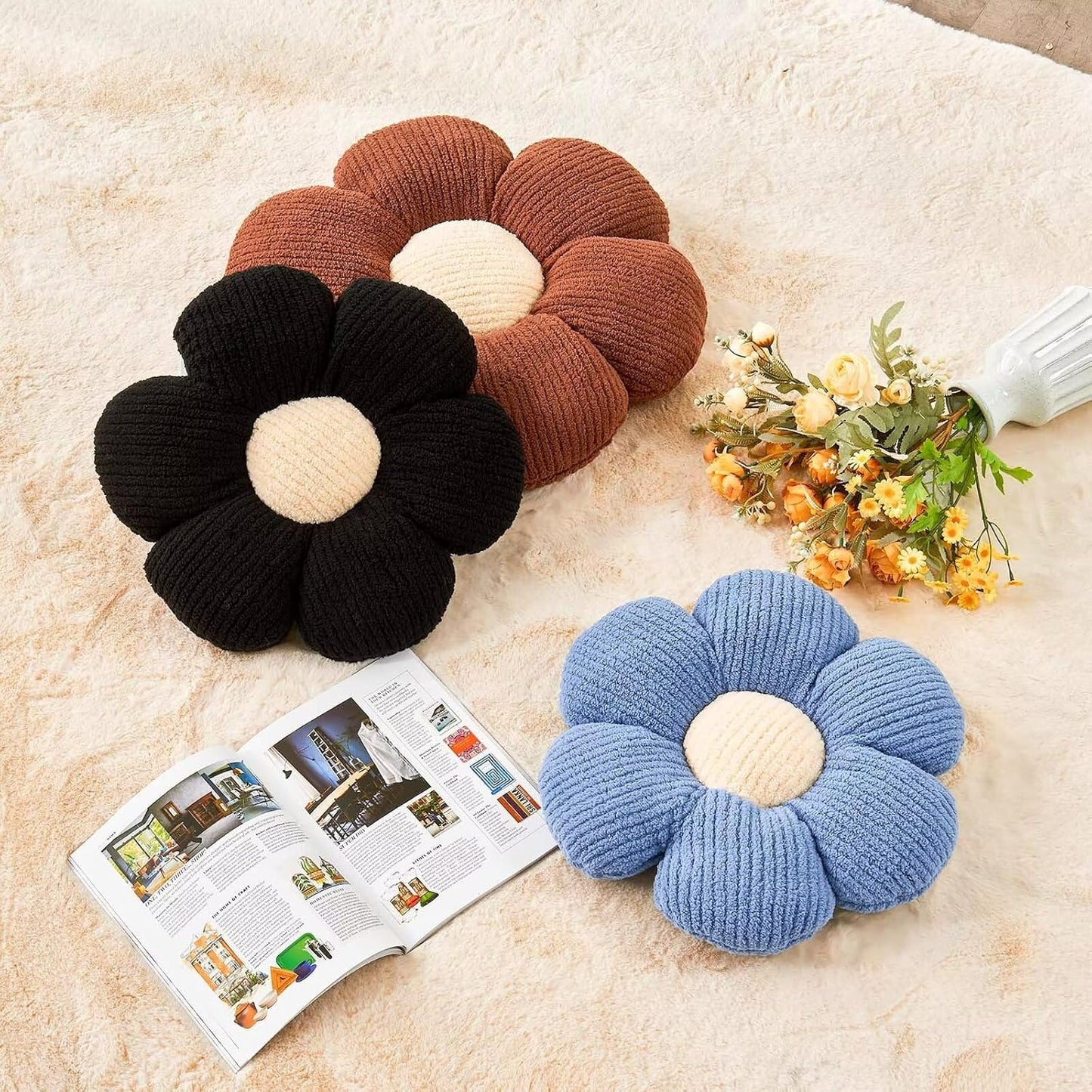 Flower Throw Pillow, Soft Brown 14.9" Shaped Floor Pillow for Home Decor, Cute Aesthetic Plush Decorative Pillows for Bed, Sofa, Couch