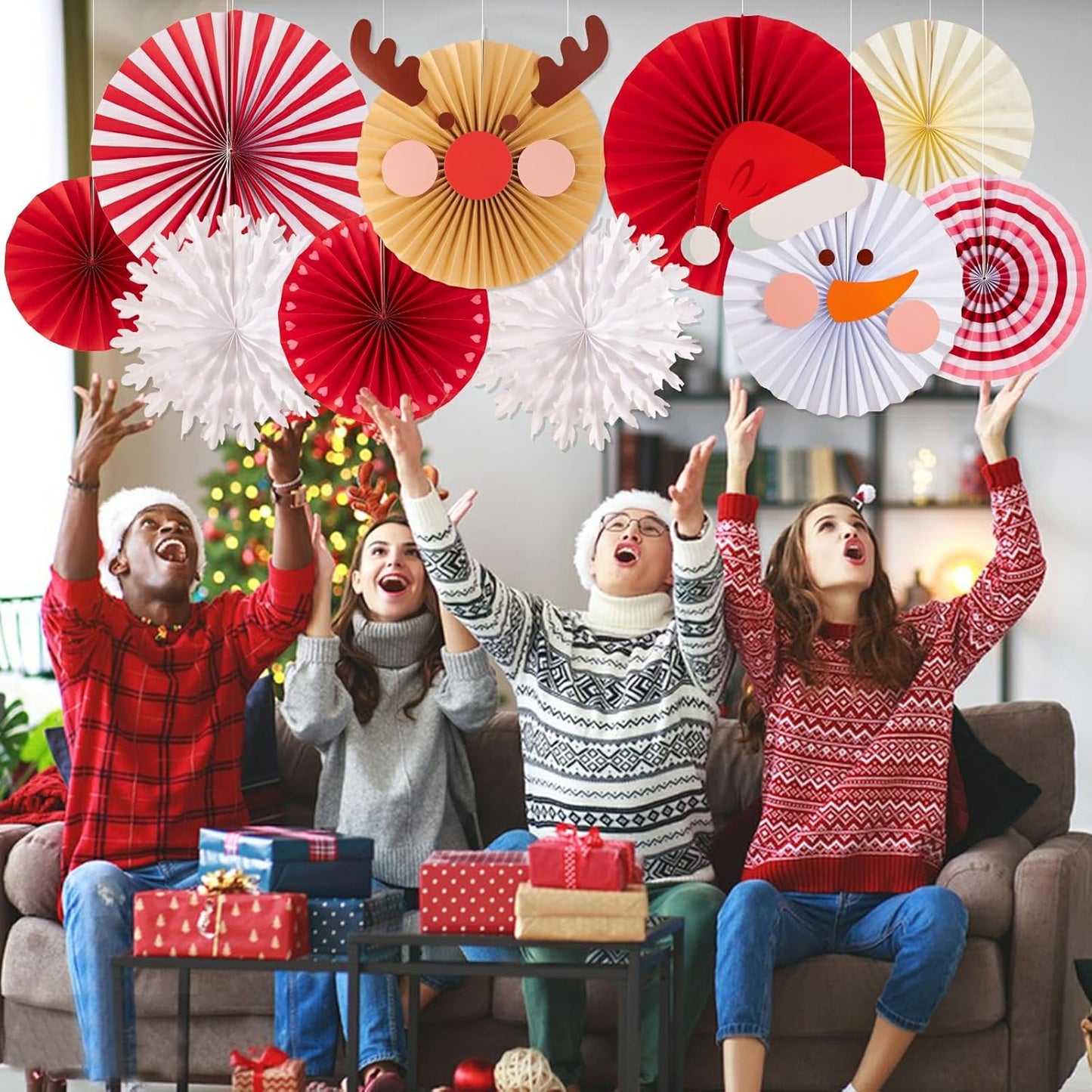 Christmas Hanging Paper Fans Decoration Red White Xmas Snowman Party Ceiling Hangings Deco Elk Tissue Paper Fans Decoration Set for Backdrops Wall Winter Party Supplies - 10pcs