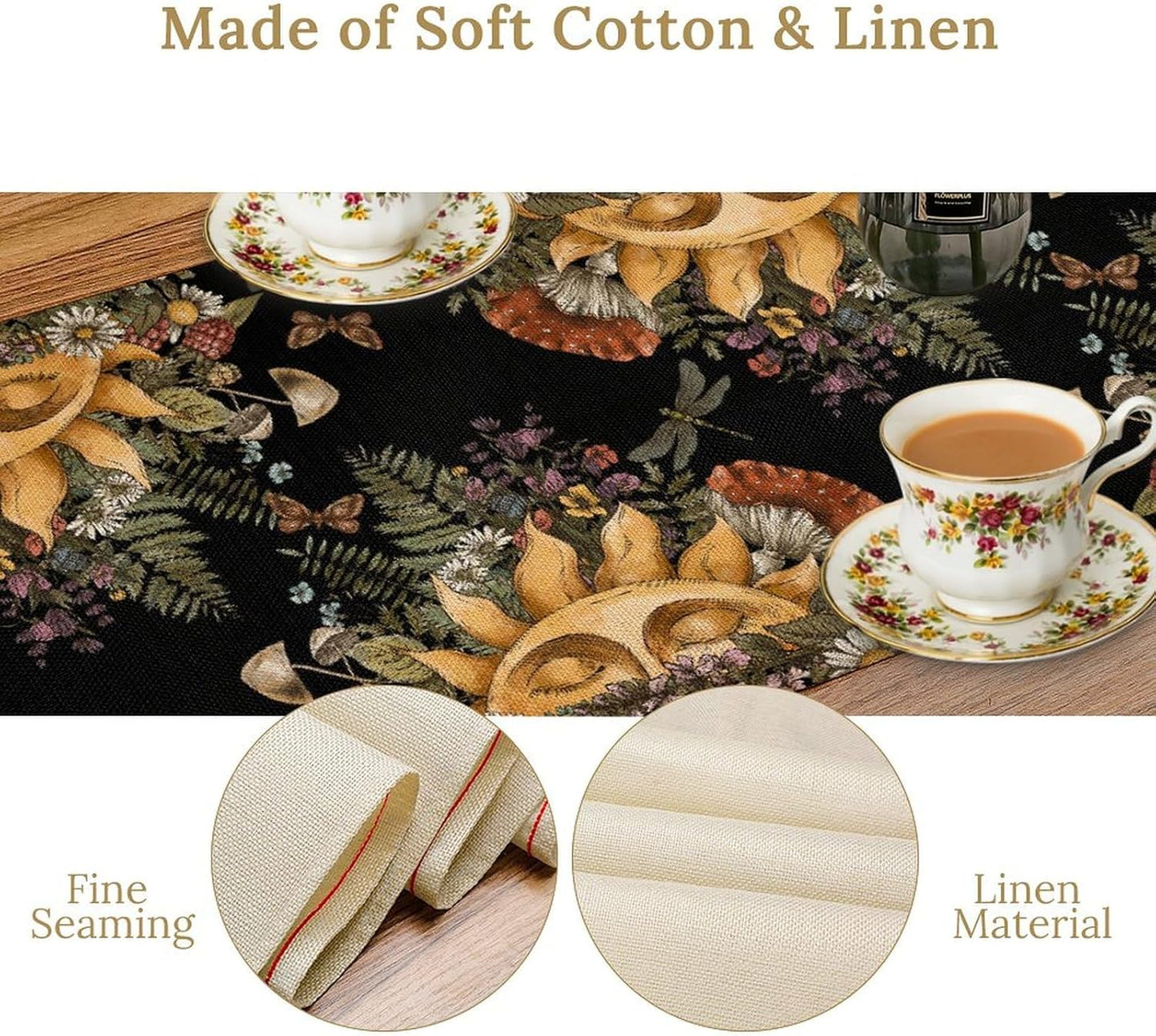 Sun Moon Table Runner, Bohomian Mushroom Daisy Table Gothic Dragonly Butterfly Table Center Decor Table Runner for Indoor Outdoor Party Kitchen Dinner Black, 13x90 Inch