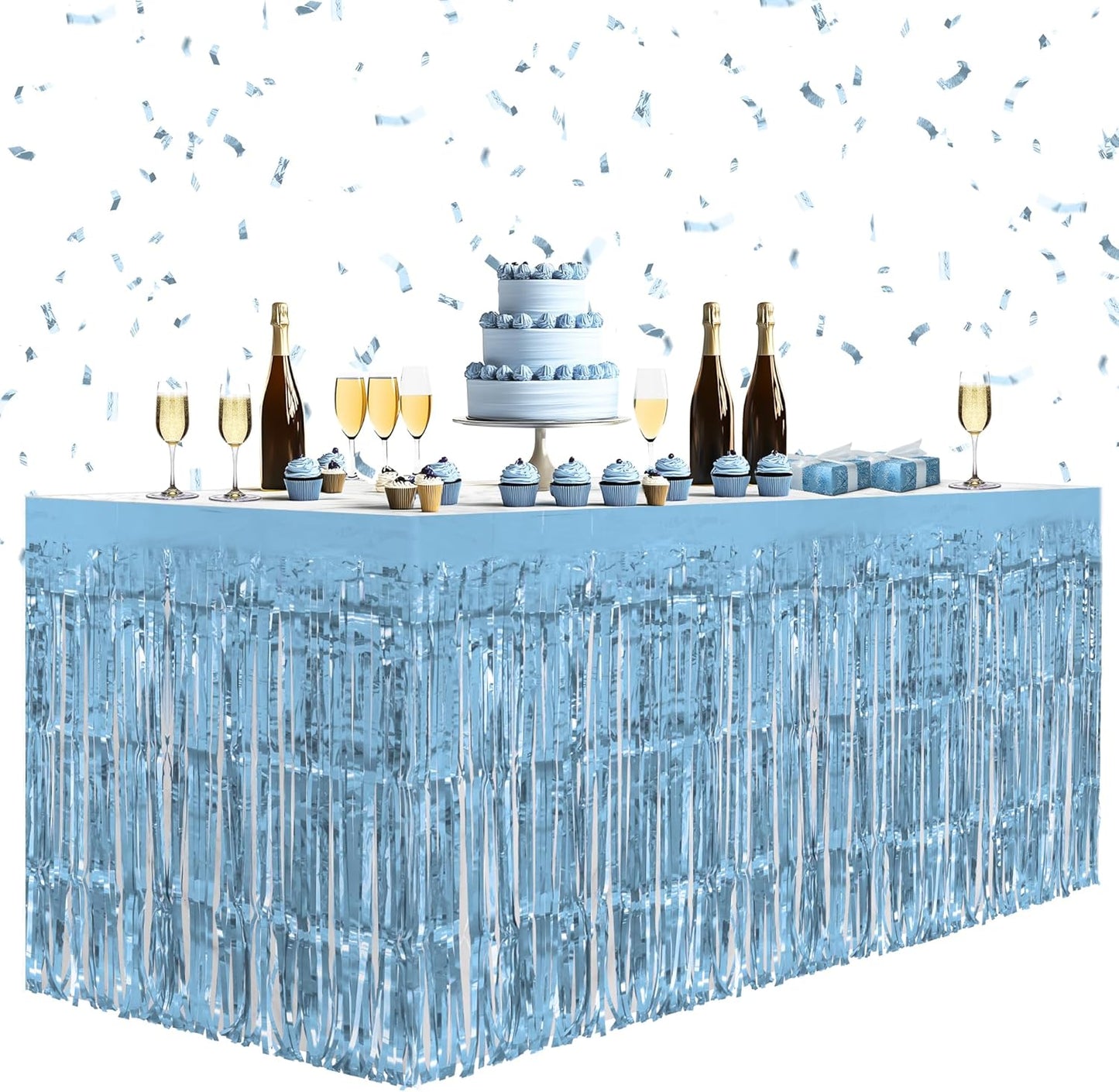2 Pack Light Blue Table Skirts, 29x108" Metallic Foil Tinsel Fringe Table Skirts for Rectangle Tables Streamer Curtains Backdrop, Party Decorations for Birthdays Weddings Holidays