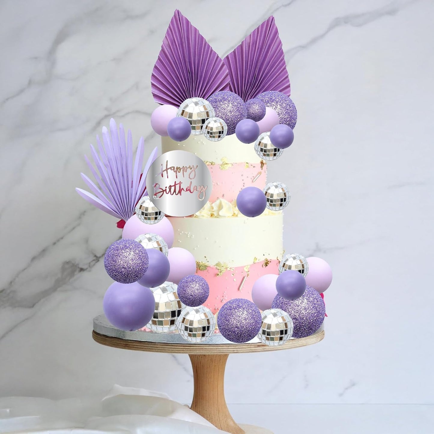 Ephlyn 33 Pack Balls Cake Toppers Boho Palm Leaves Cake Decorations Round Acrylic Happy Birthday Cupcake Toppers for Birthday Wedding Baby Shower Party Supplies Purple