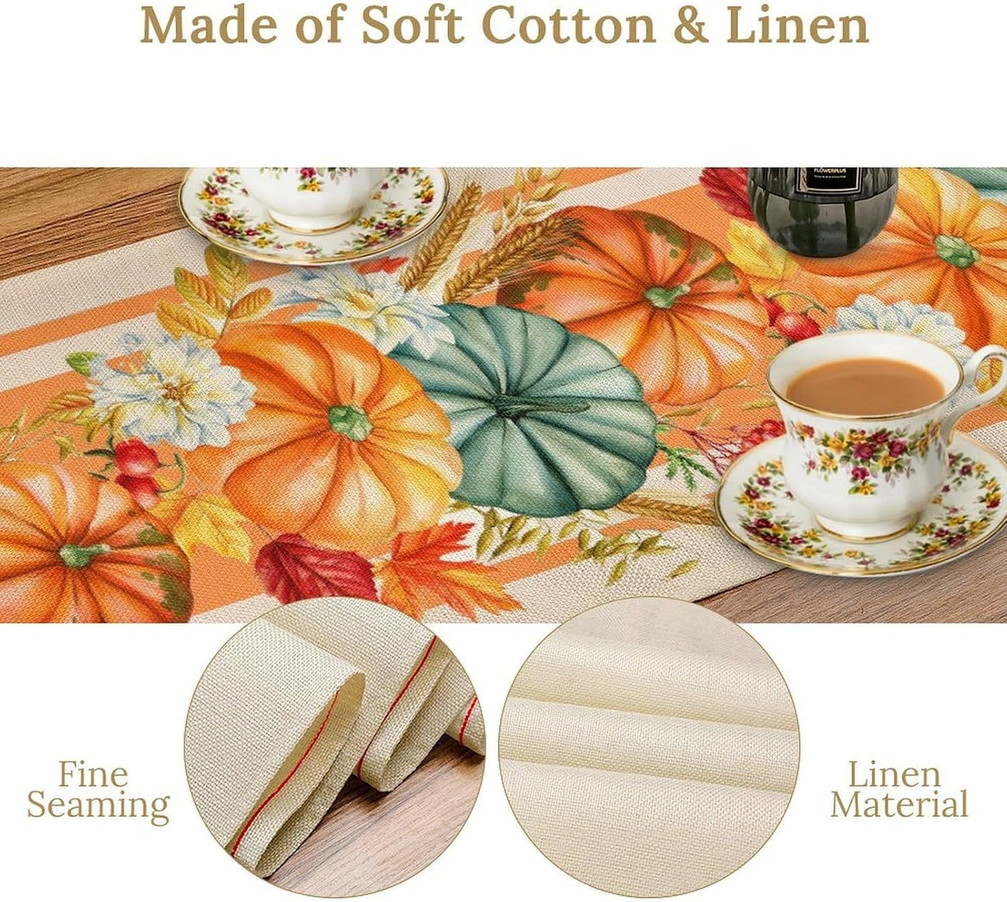 Autumn Table Runner,Orange Pumpkin Flowers Leaves Fall Table Runners Seasonal Kitchen Dining Table Decor for Thanksgiving Harvest Home Holiday Party 13x60 Inch