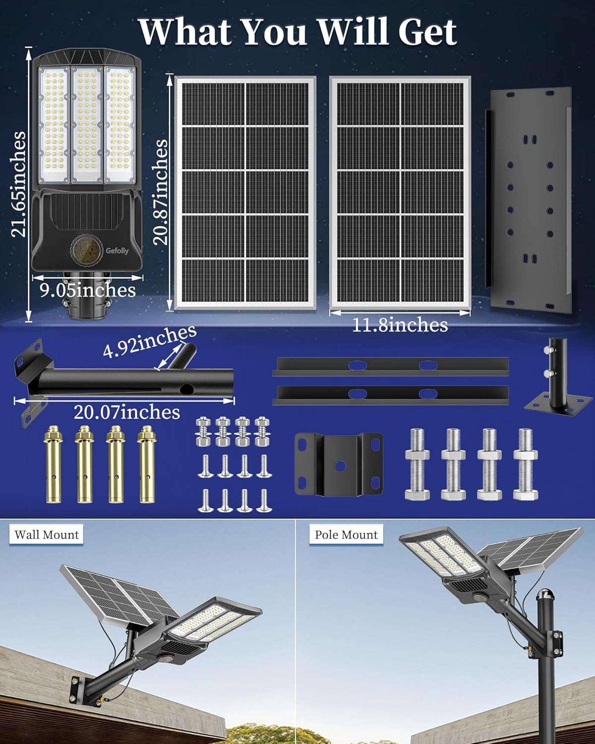 Gefolly SL-12000W Solar Street Light Outdoor 900000LM Wide Angle Commercial Parking Lot Lights Dusk to Dawn 6500K Flood Security Light IP67 Lamp for Basketball Court, Yard, Road