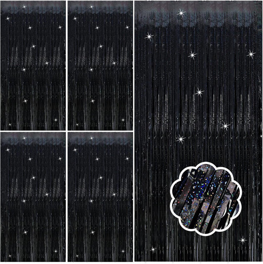 5 Pack Black Photo Backdrop Party Streamers Metallic Tinsel Curtains for Birthday Halloween Decor Bachelorette Wednesday Wizard Party