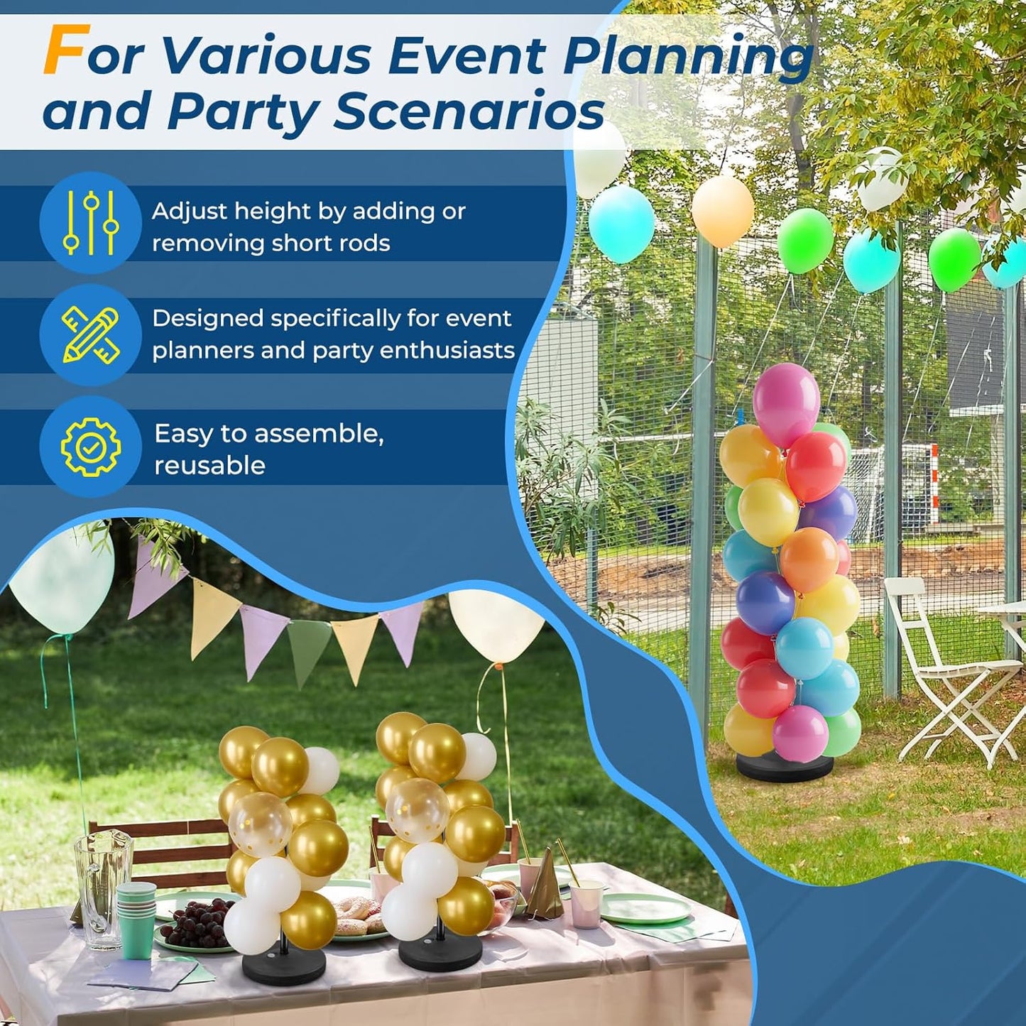 Balloon Stands for Floor Set of 2, Height Adjustable Splicing Metal Pole Balloon Column Stand for Birthday,Baby Shower,Christmas,Halloween,Party,Events Decorations, 1.3-5FT Tall, Black