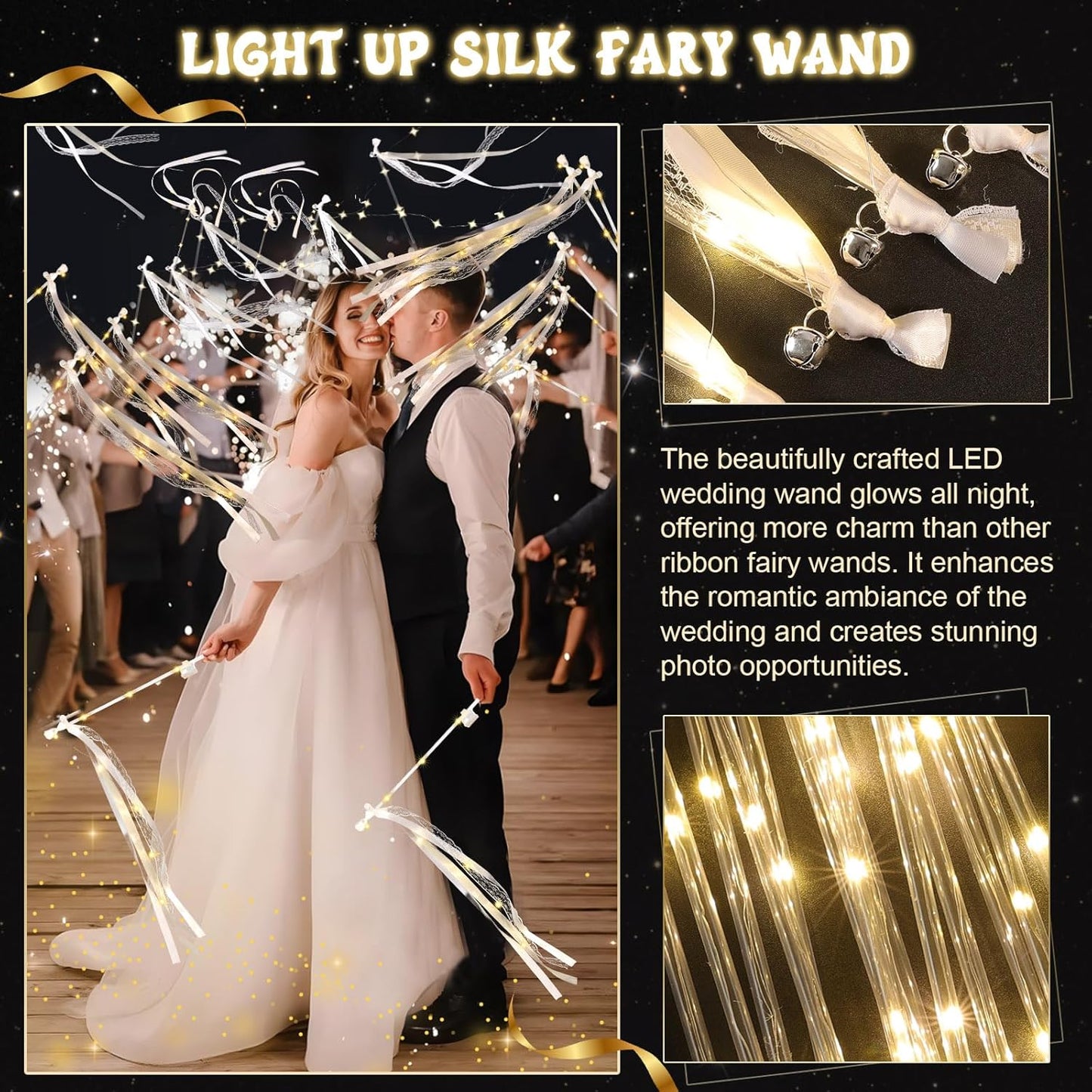 100 Pcs Wedding Wands Ribbon with 3 Colorful Flashing Modes, Light up LED Silk Fairy Wands, Glow Lace Stick with Bells for Wedding Reception, Graduation, New Year, Birthday Party (Warm White)
