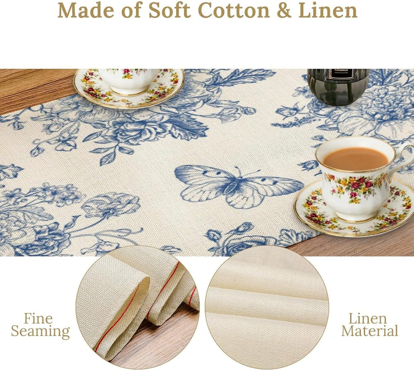 Monochrome Sketch Flowers Table Runner, Seasonal Spring Fall Plants Blue Florals Butterfly Dinner Runner for Home Kitchen Dining Table Party Holiday Decoration 13"x36"