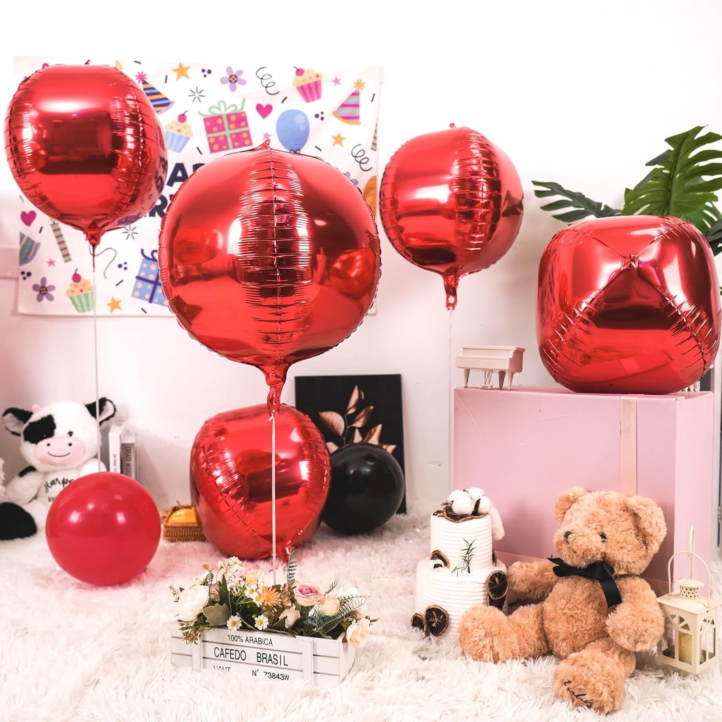 Red Giant 4D Foil Balloons, 6Pcs Large Metallic Round Balloons, 22 Inch Big Round Foil Balloon for Red Birthday Party Baby Shower Wedding Decorations