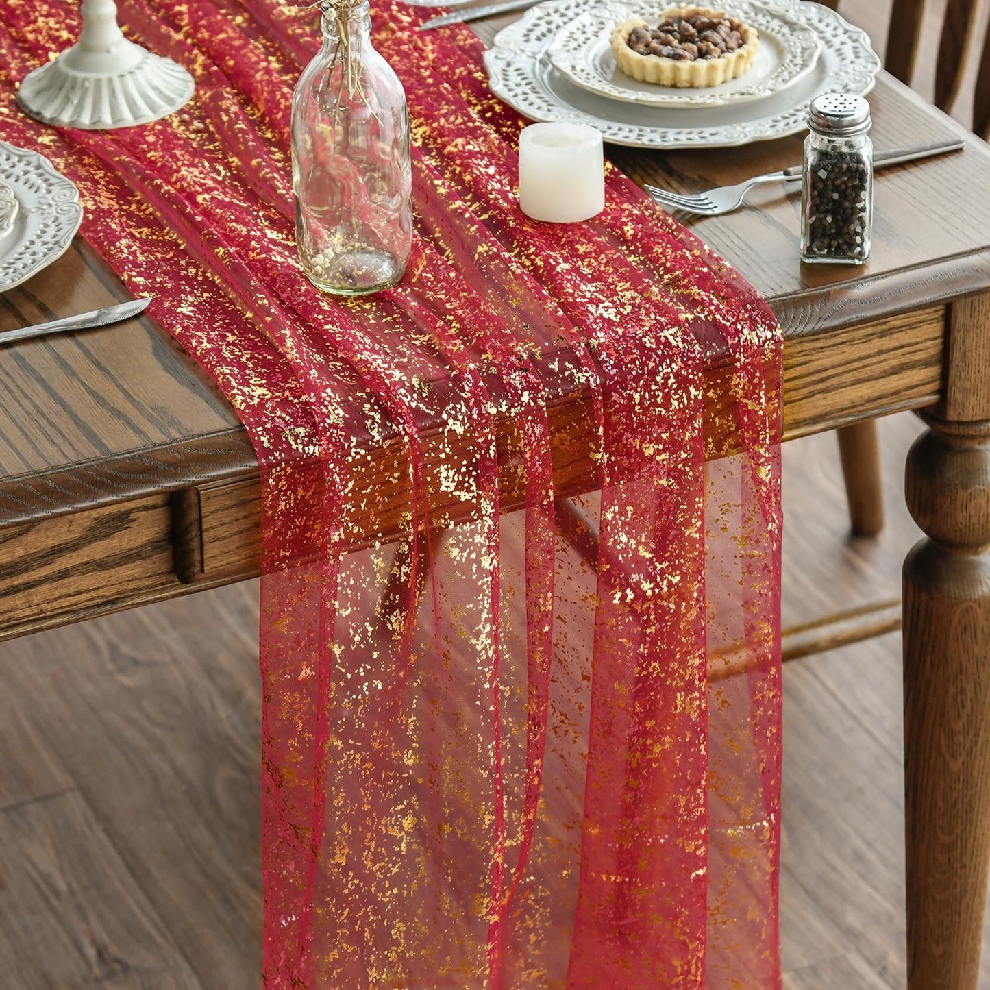 Artoid Mode 3PCS Red Gold Gauze Table Runner 120 Inch 10FT, Glitter Metallic Foil Sheer Dining Wedding Anniversary Holiday Table Decor for Home Party