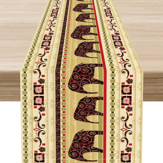 Boho Elephant Table Runner, Vintage Tribal Traditional Bohemian African Animals Ethnic Folk Table Center Decor for Home Kitchen Dining Patio Holiday Party Indoor Table Decorations, 13"x108" Inch