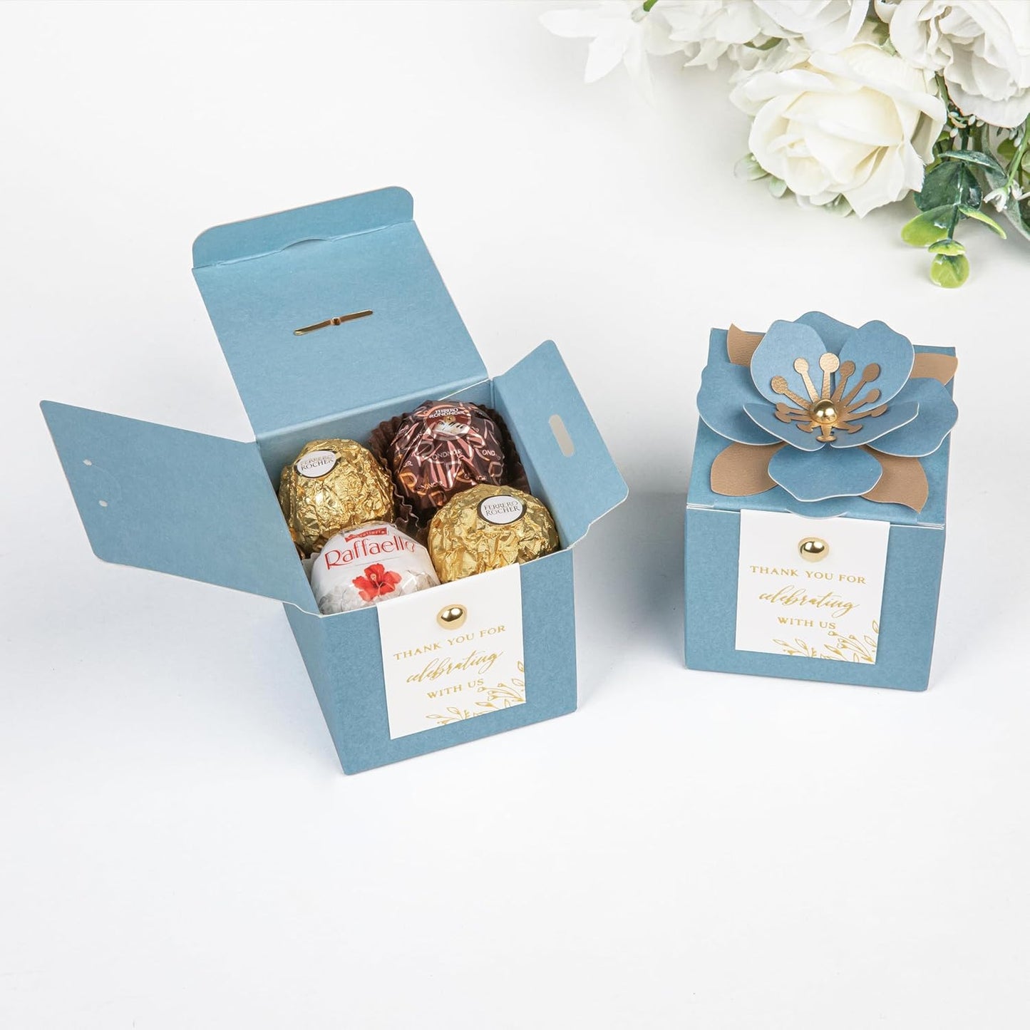 FEIYI 20 PCS Favor Boxes, 3 In 1 Dusty Blue Candy Boxes with Floral Decor, White Thank You Tags Gold Foil Print Gift wrapping for Wedding, Baby Shower, Birthday, Decorations Party - 2.55x2.55x2.55