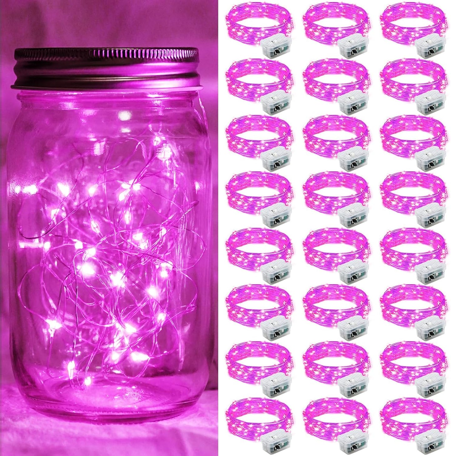 24 Pack Pink Fairy Lights 7Ft 20 LED Twinkle String Lights 3 Modes Battery Operated Waterproof Firefly Starry for Mason Jar Party Wedding Christmas Valentines Day Table Centerpieces