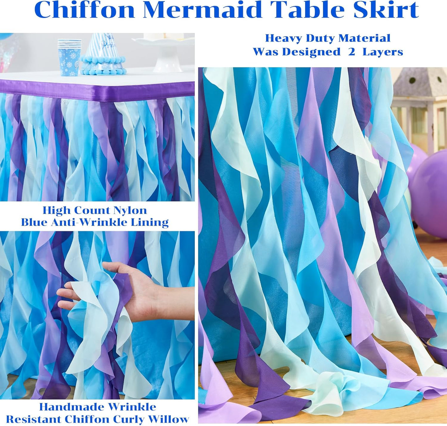 Partisky Mermaid Tulle Tutu Ruffle Curly Willow Table Skirt for Rectangle Table 17ft, Mermaid Themed Party Table Cloth for Girls Birthday Party or Baby Shower