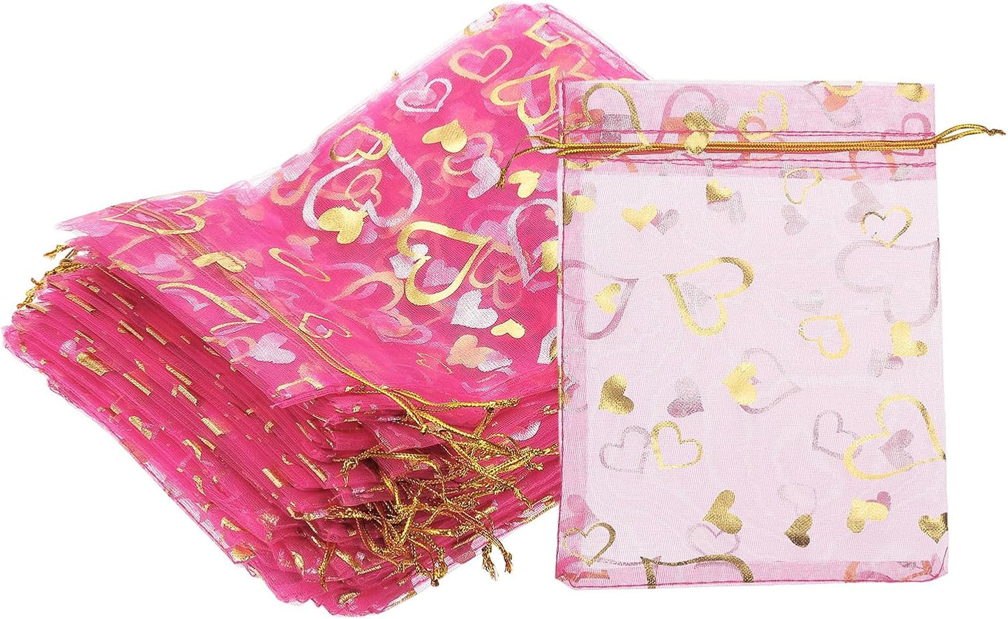 PATIKIL 100 Pcs 5x7 Inch Heart Printed Organza Bags, Rose Red Sheer Heart Organza Bags with Drawstring for Christmas Candy Jewelry Party Wedding Favor Gift