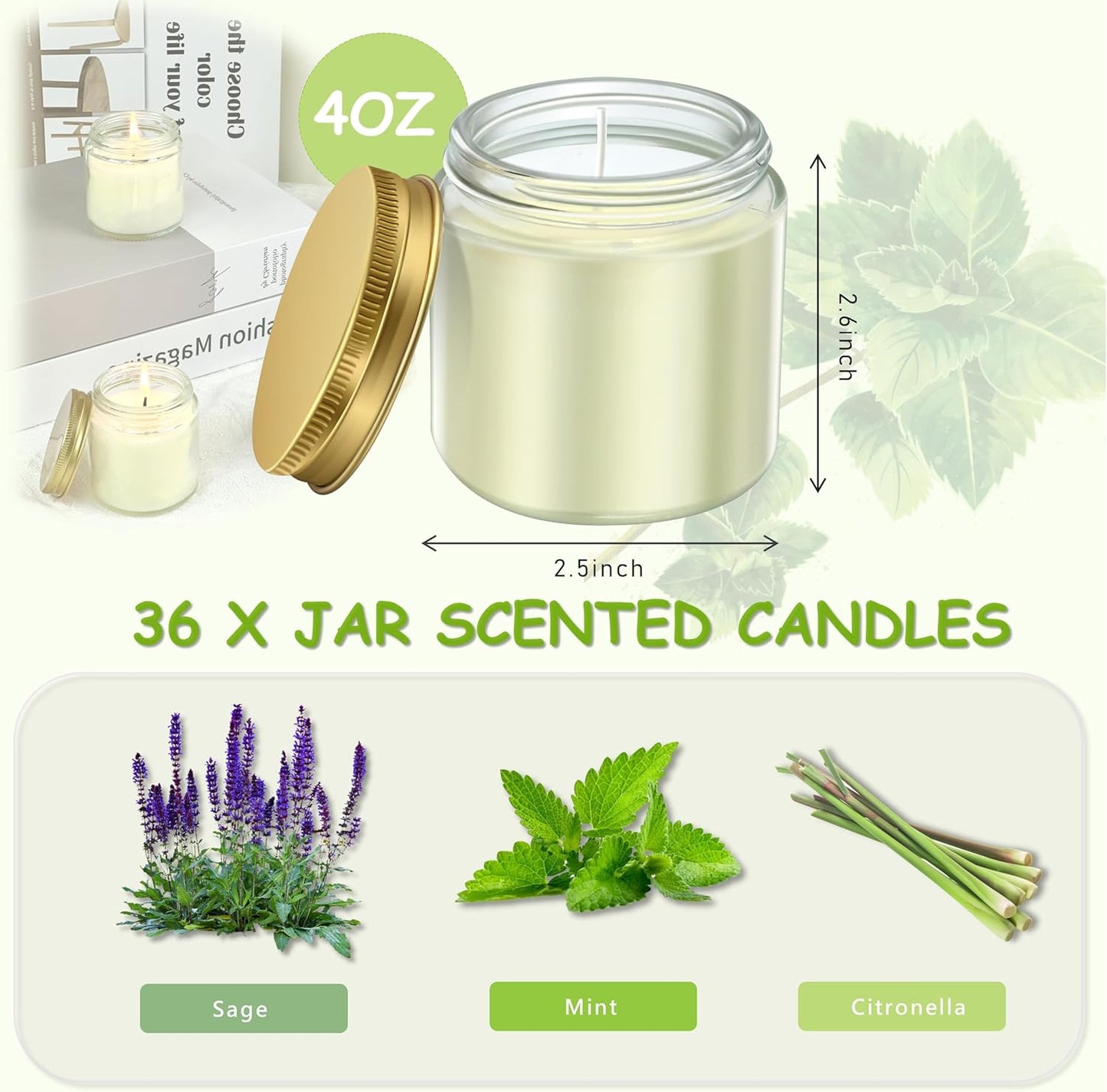 ACITHGL 36 Pcs 4oz Mini Mason Jar Candles Small Scented Candles Bulk Aromatherapy Ideal Souvenir Favors for Wedding Birthday Party (Sage, Mint, Citronella, Gold)