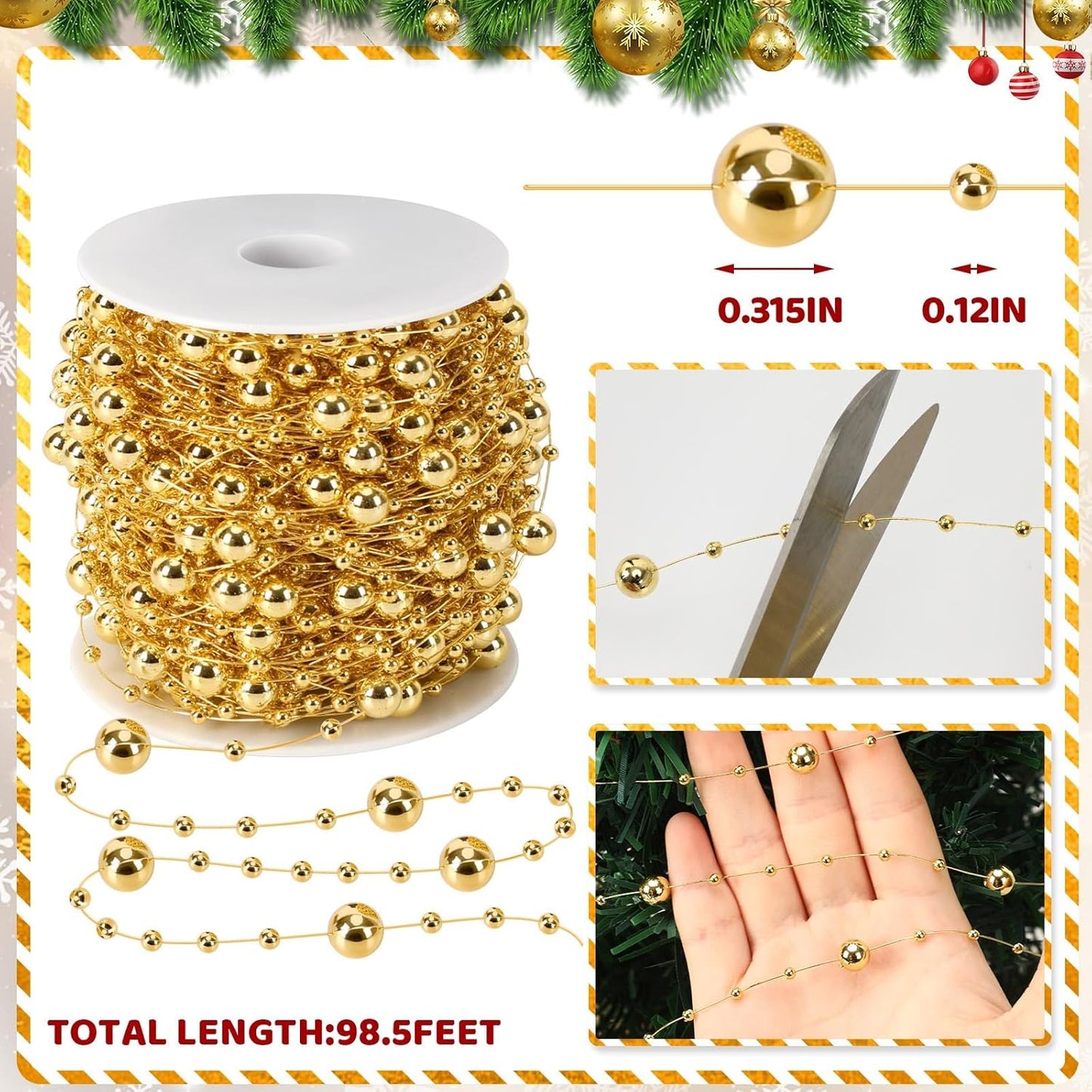 JULBEAR Beads Garland Decoration,1 Rolls 131 Feet Gold Christmas Pearl Strands Chain Bead Garland for Christmas Tree Fireplace Wreath Gift Bouquet Crafts Wrapping Wedding Party Centerpieces Decoration