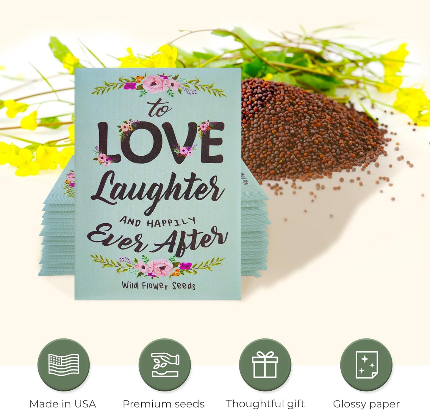 Pre-Filled Wildflower Seed Packet for Wedding Favor Baby Showers Bridal Shower - ''Love Laughter and Happily Ever After'' Party Favors for Guests - Plant Year-Round Seed Mix - Pack of 20