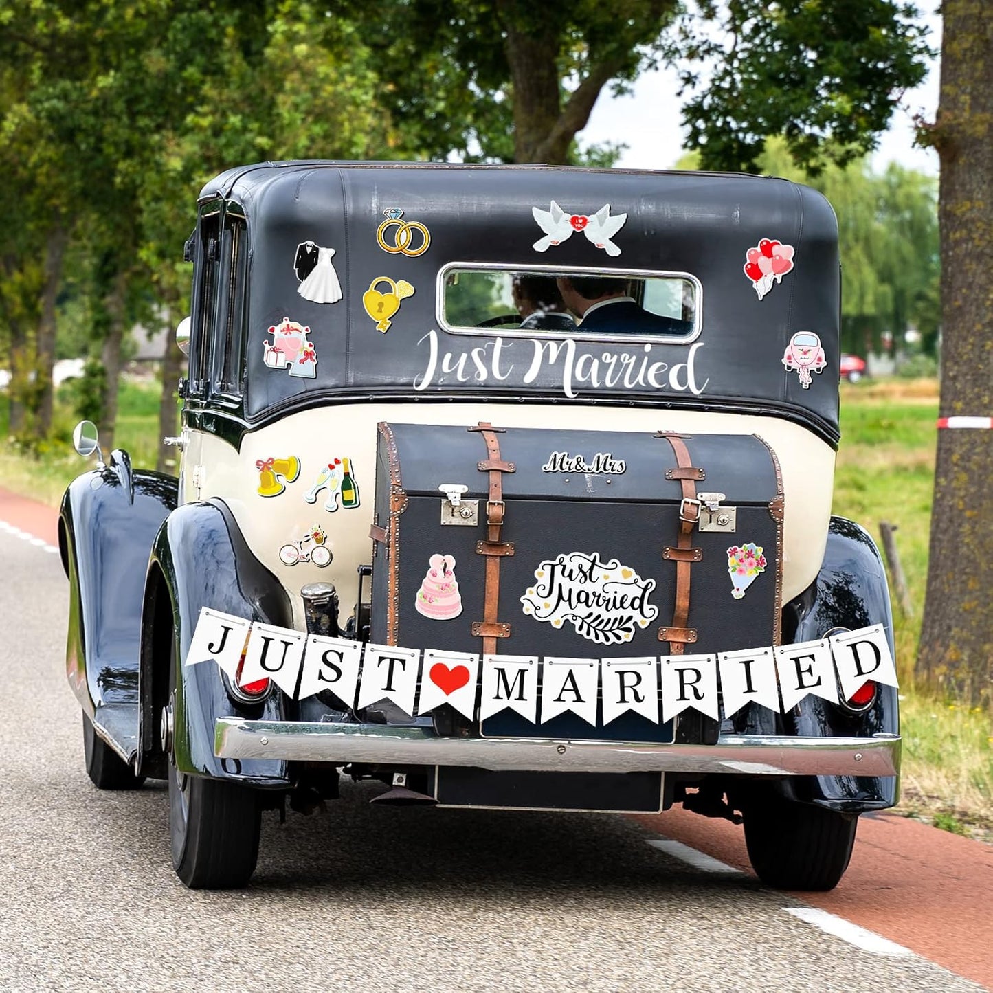 16 Pcs Just Married Car Decorations Include 14 Assorted Ornate Car Magnets Just Married Window Decal and Cardstock Sign Banner Wedding Decorations for Bridal Shower Honeymoon Photo Props
