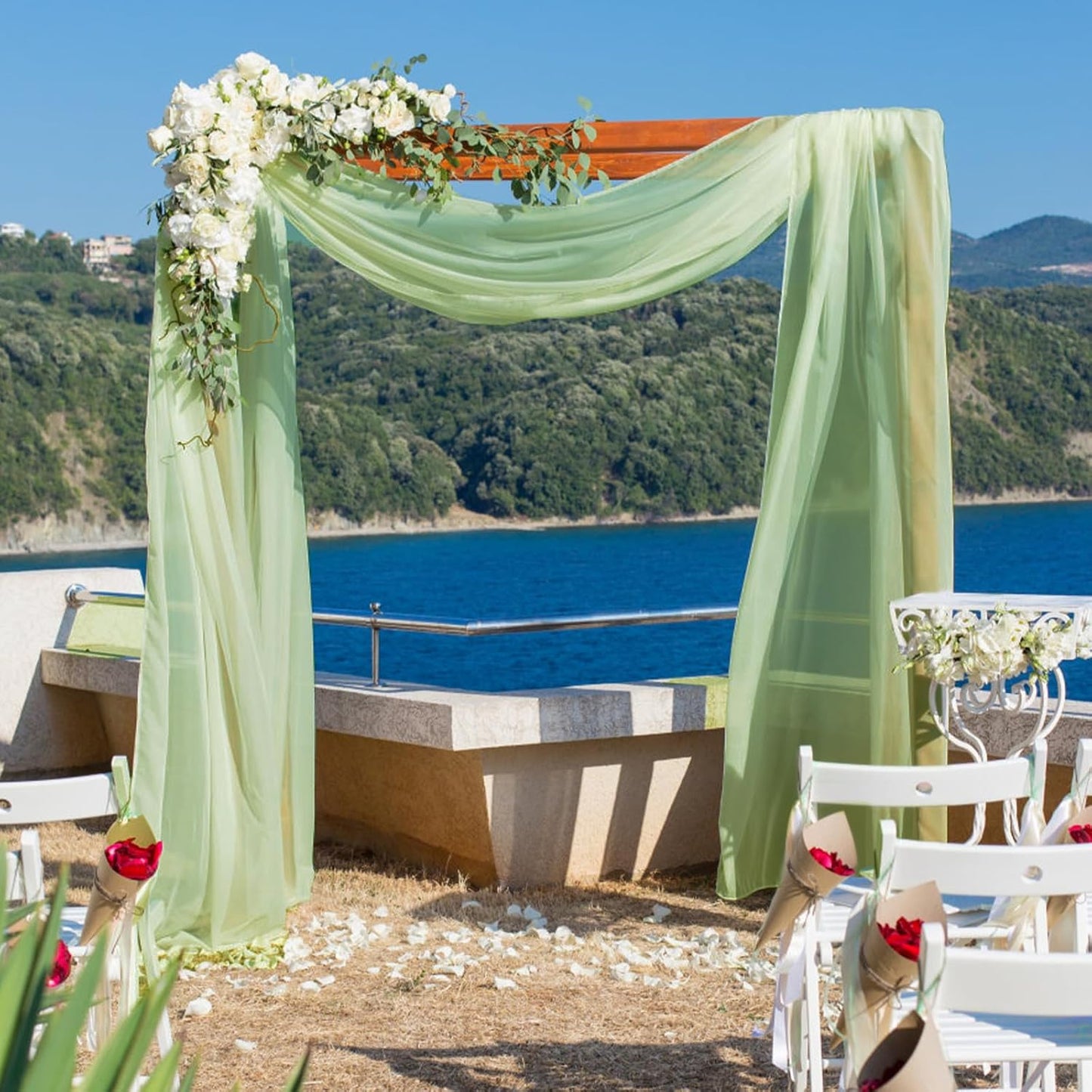 VOK Wedding Arch Draping Fabric Chiffon Fabric, 29in x 18Ft 2 Panels Sheer Chiffon Outdoor Curtain for Wedding Ceremony Birthday Party Decoration (Sage Green,2 Panel)