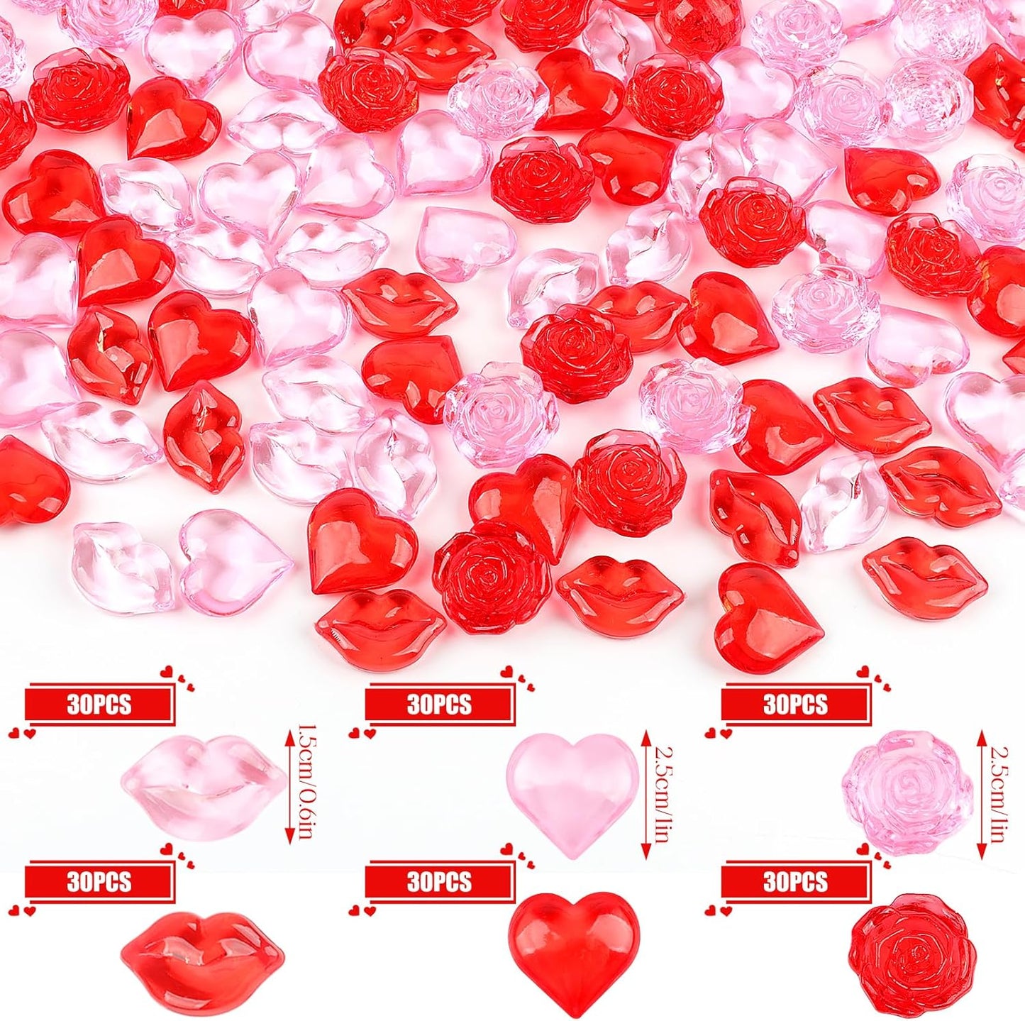 Fangoo 180PCS Red Pink Acrylic Heart Ornaments Mini Acrylic Heart Rose Flower Lips Gems for Valentine Vase Filler Decor for Table Scatter Engagement Valentine's Day Wedding Anniversary Party