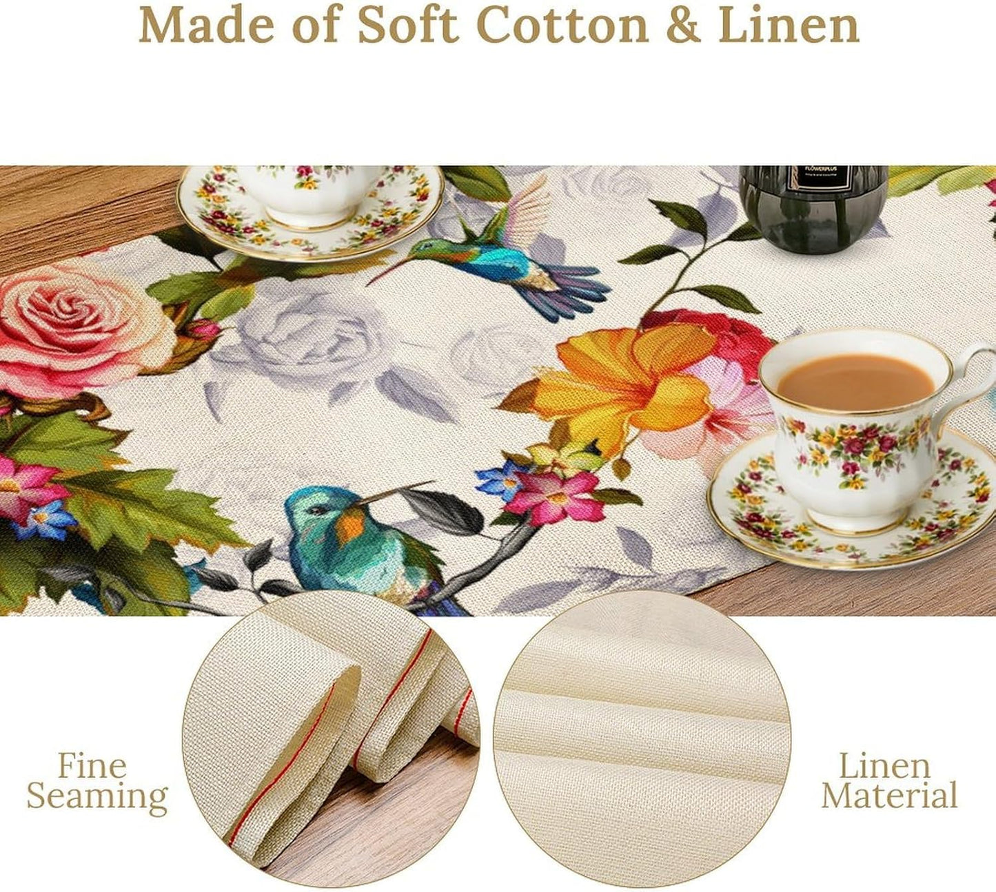 Hummingbird Table Runner,Vintage Floral Country Style Table Cloth Home Kitchen Restaurant Party Decoration 13x72 Inch