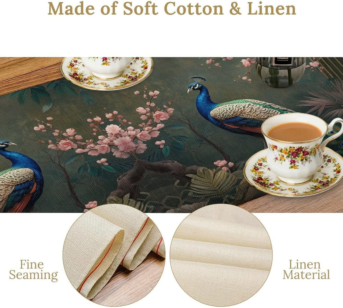 Peacock Table Runner,Vintage Aesthetic Peacock Birds Table Runner for Home Kitchen Dining Party Indoor Outdoor Decoration 13x60 Inch