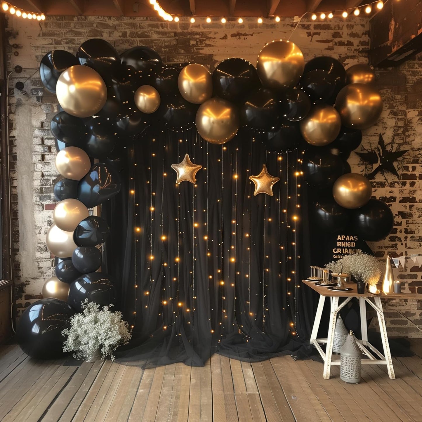 Tulle Backdrop Curtain with Lights String 10FT X 10FT Black Sheer Tulle Backdrop Curtains for Wedding Birthday Party Reception Photo Booth Background Decorations (2 Panels 5x10FT)